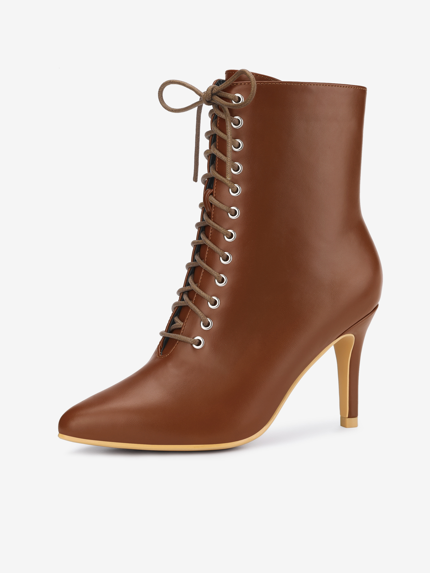 Women's Lace Up Pointed Toe Stiletto Heels Ankle Boots Brown/6.5