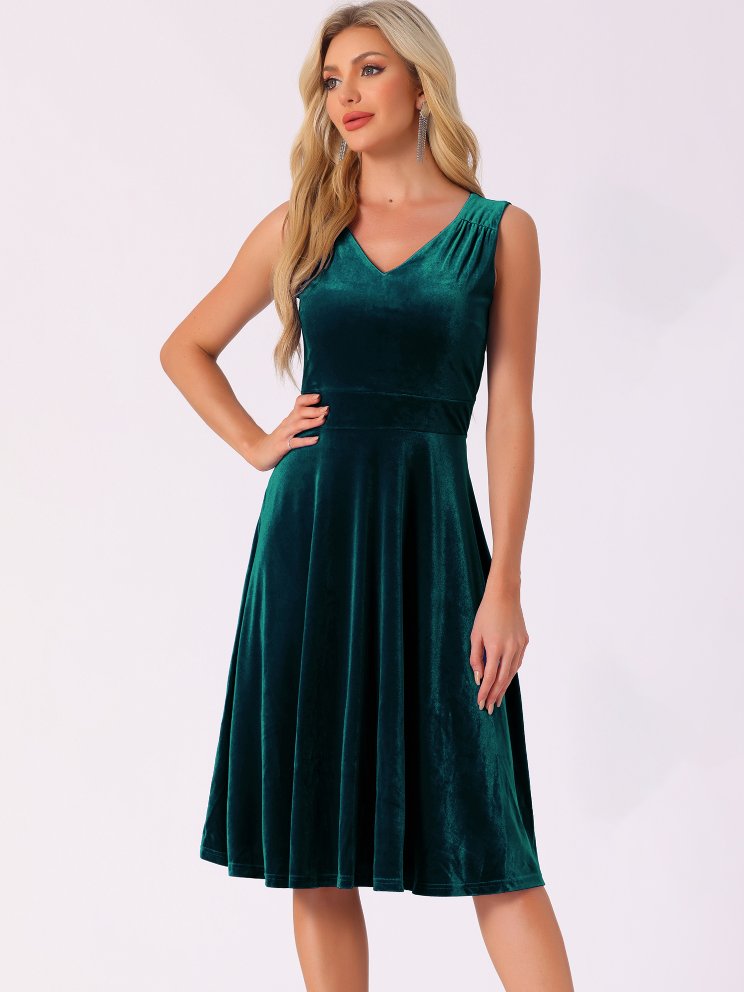 Sleeveless Velvet Ruched High Waist V Neck A-Line Midi Dress Green/L