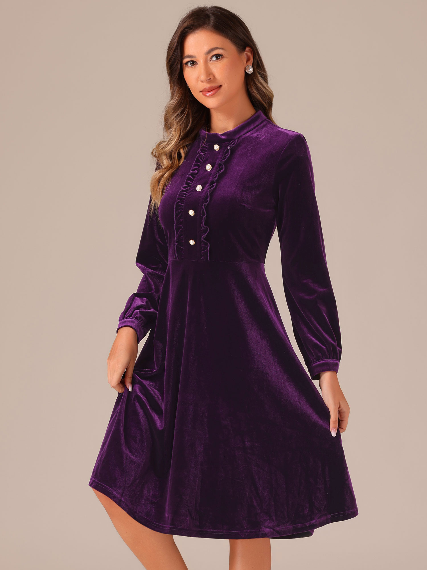 Retro Velvet Mock Neck Button Front Ruffle Flared Dress Dark Purple/M