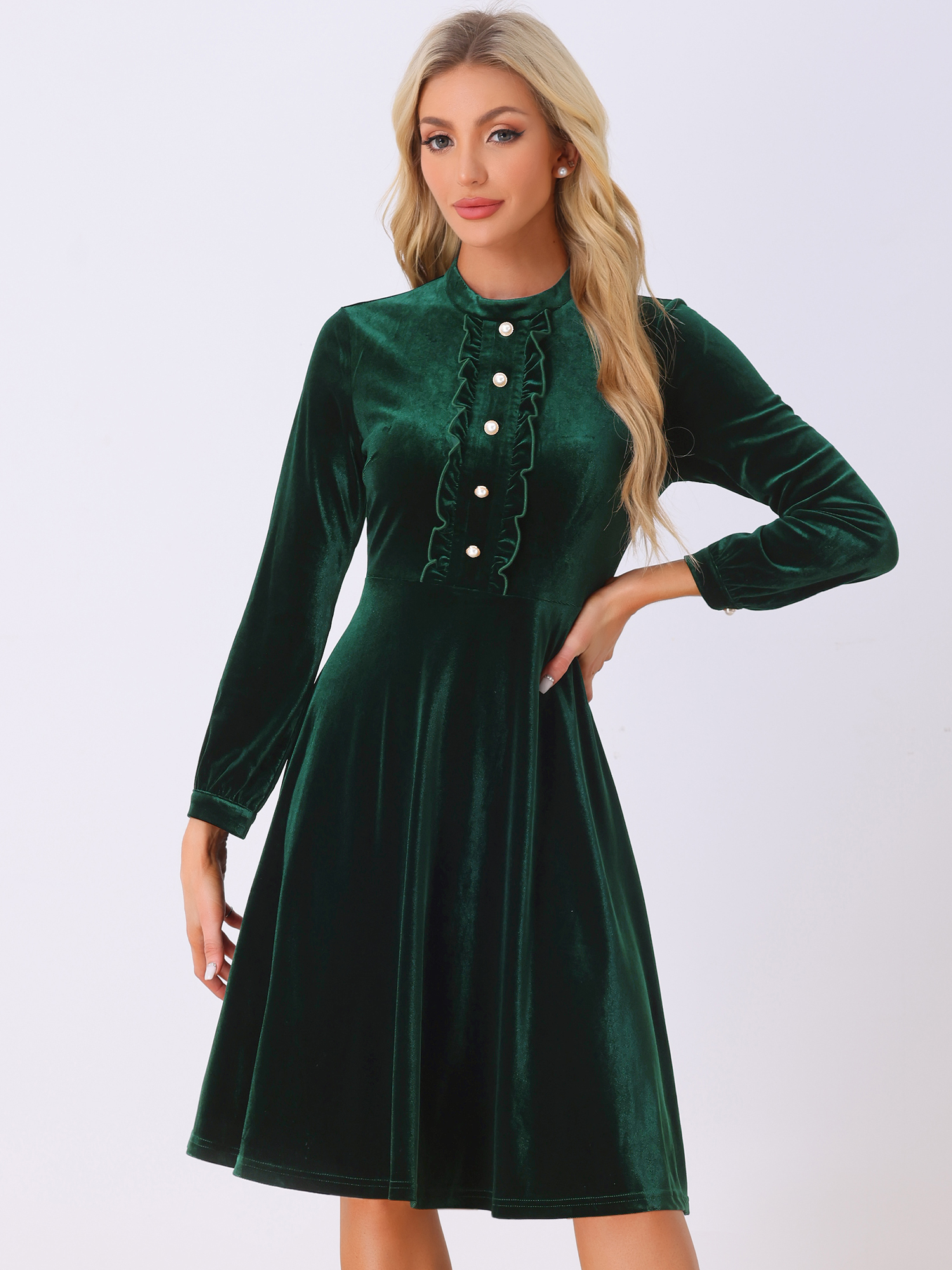 Retro Velvet Mock Neck Button Front Ruffle Flared Dress Dark Green/XS