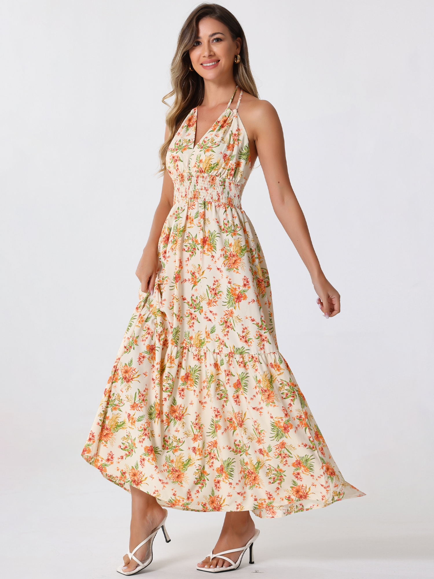 Halter Neck Boho Sleeveless Elastic Waist Backless Floral Sundress Maxi Dress Apricot/S