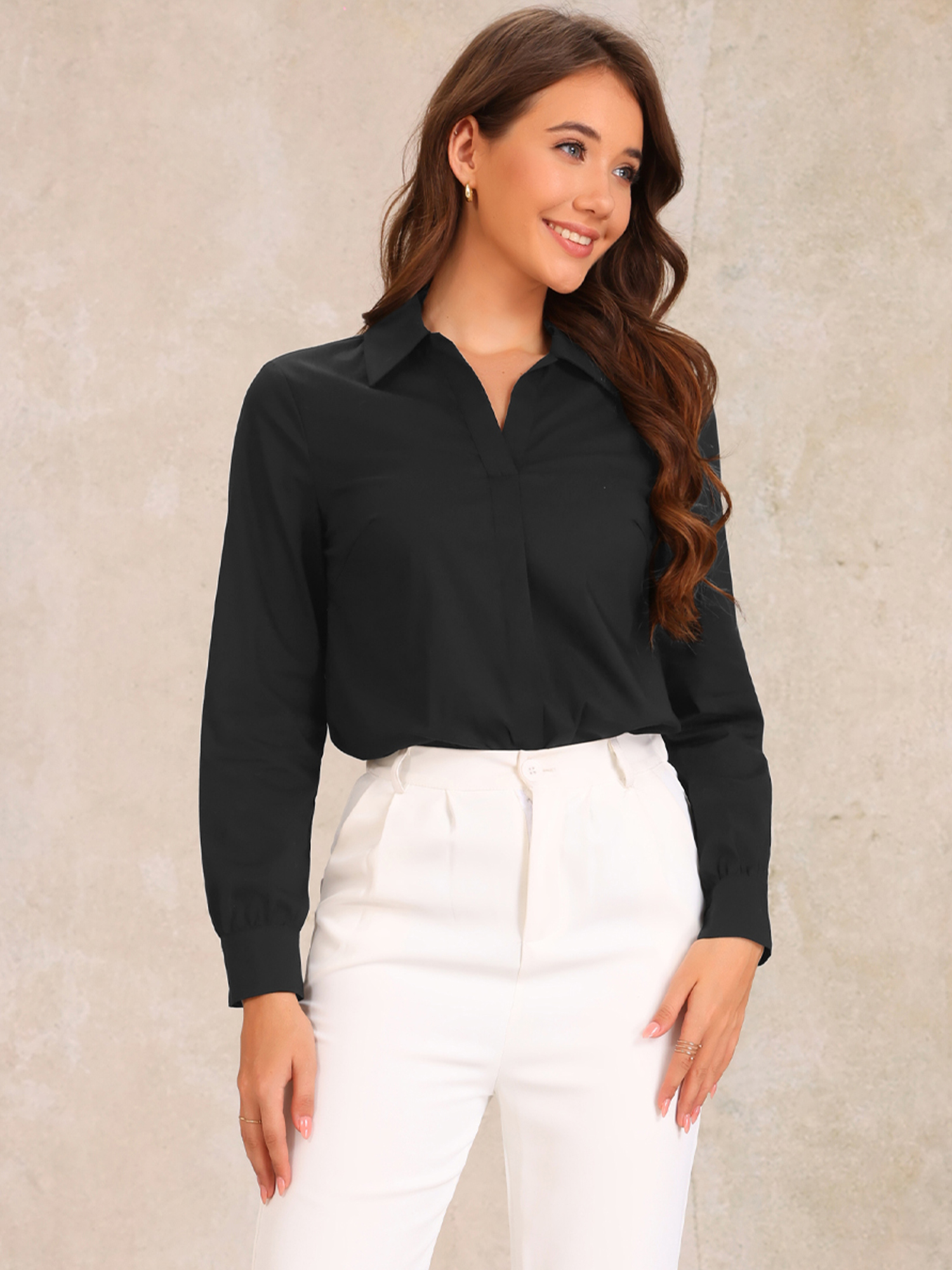 Collared Business Office Long Sleeves Bodysuit Work Shirt Black/L