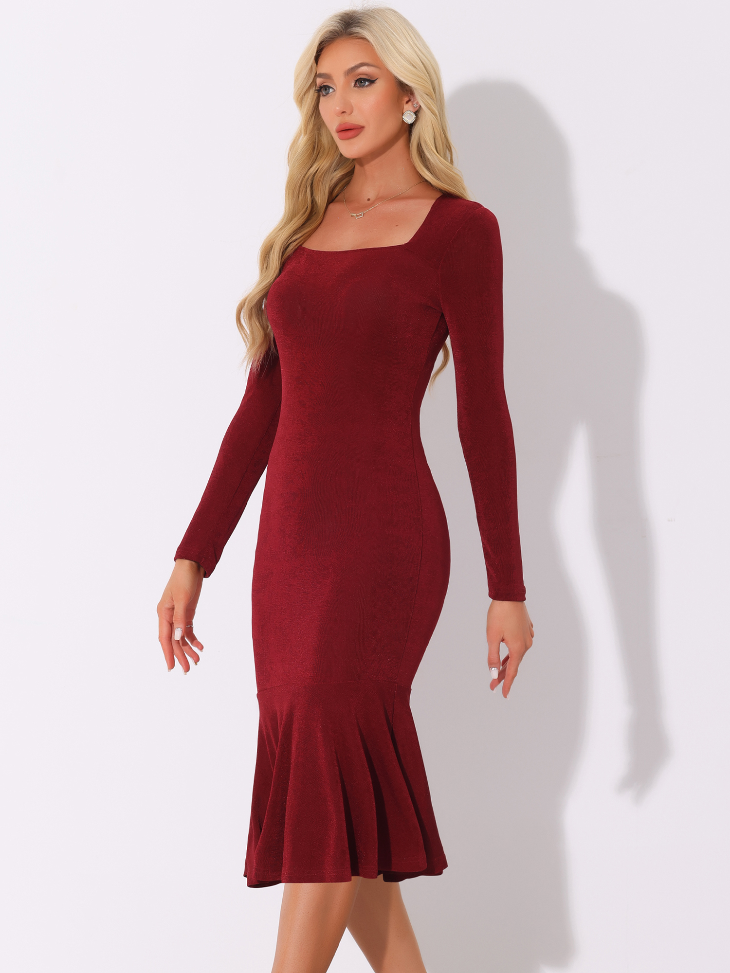 Square Neck Long Sleeve Bodycon Fishtail Midi Dress Wine Red/L