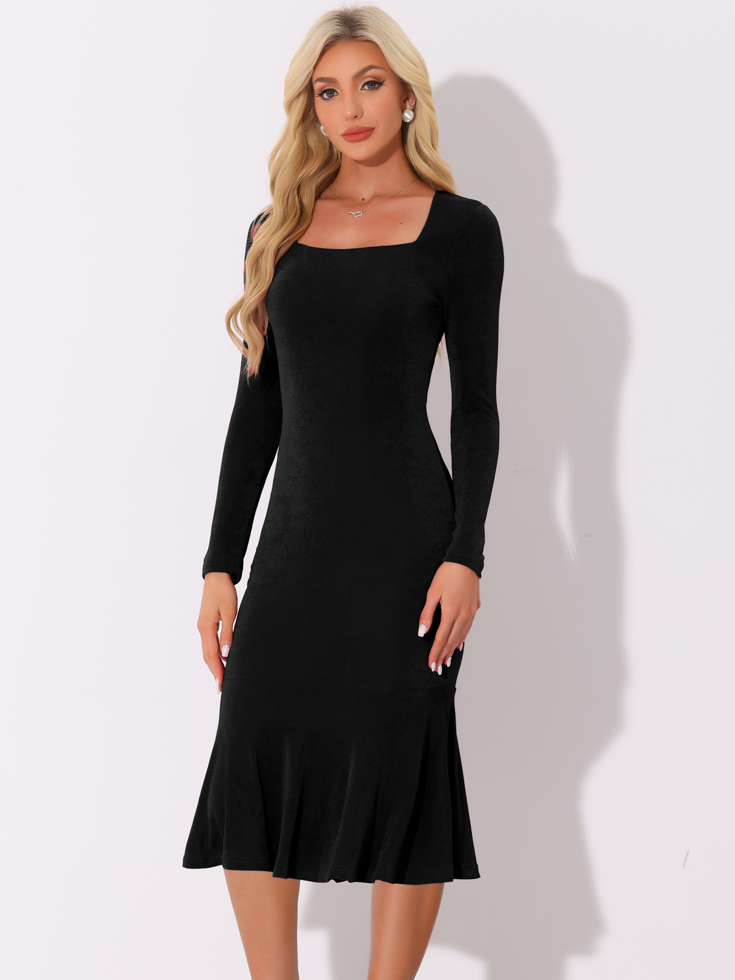 Square Neck Long Sleeve Bodycon Fishtail Midi Dress Black/XL