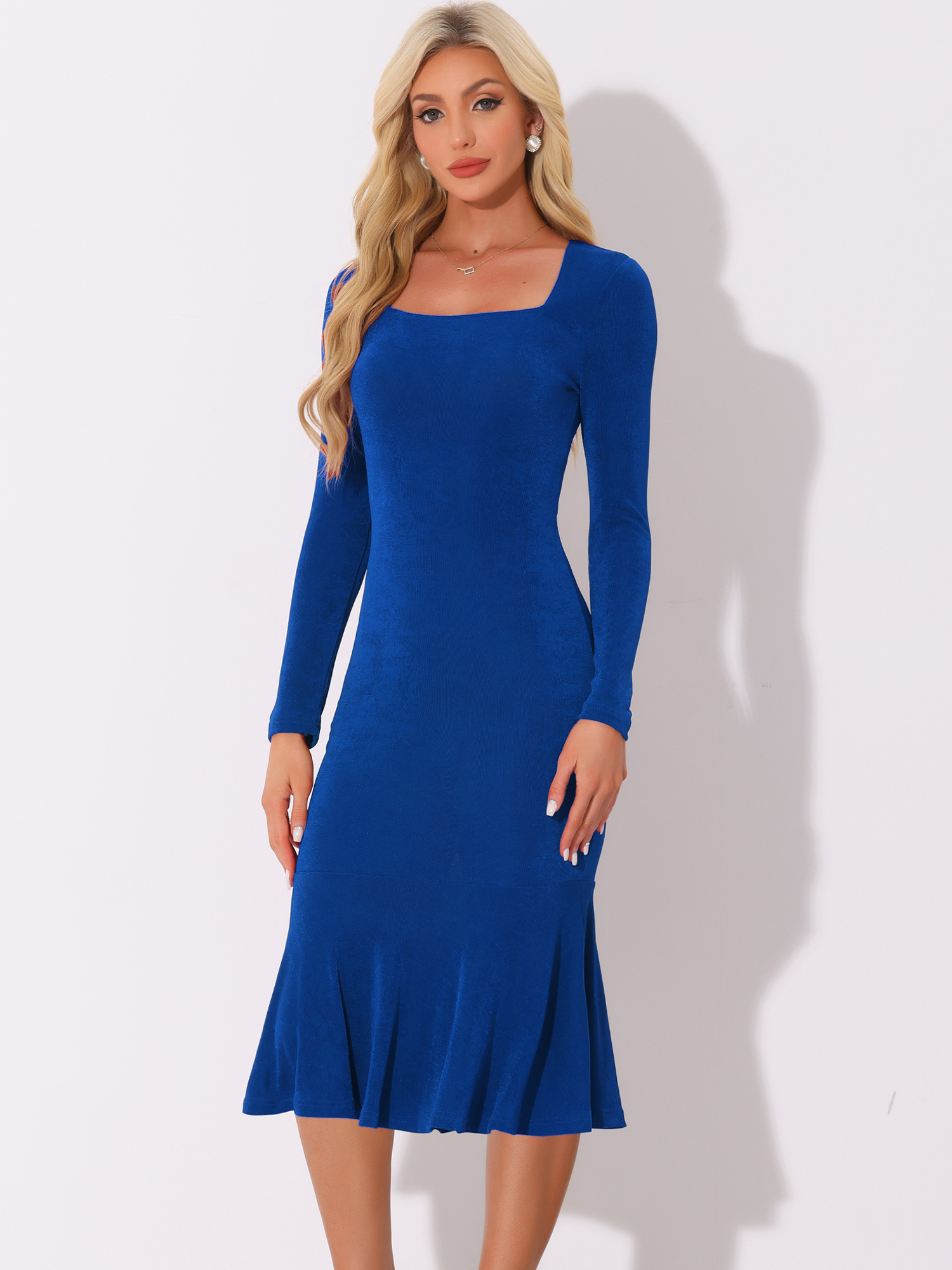 Square Neck Long Sleeve Bodycon Fishtail Midi Dress Blue/XL