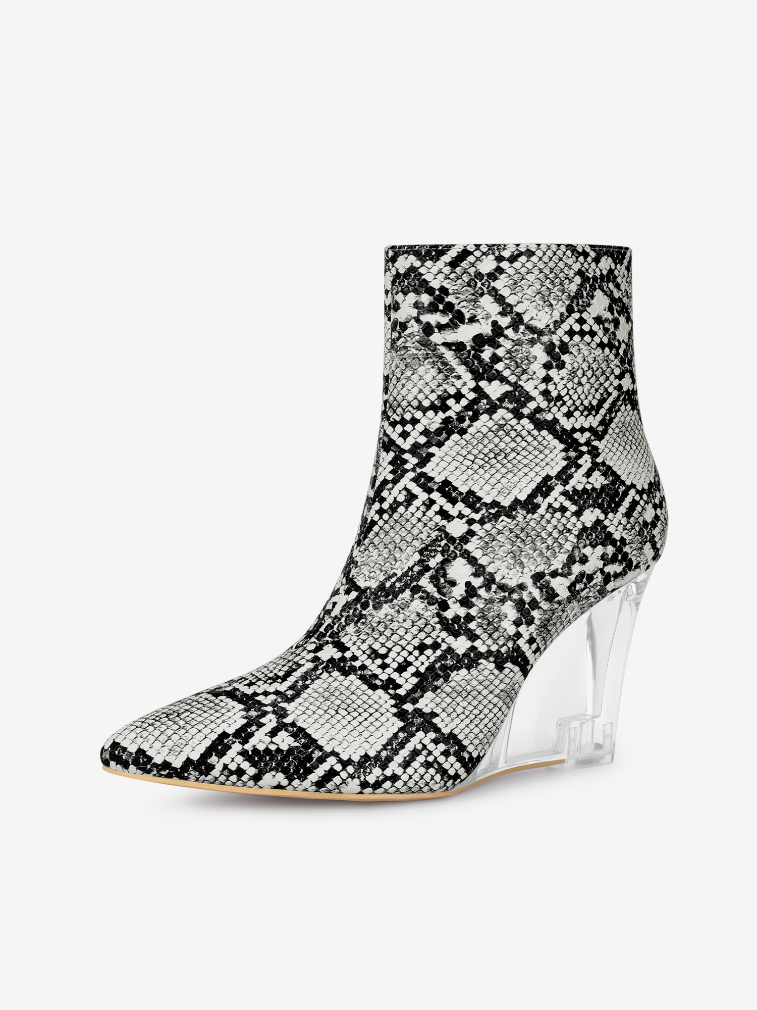 Women's Snake Print Pointed Toe Clear Wedge Heels Ankle Boots Black White/11