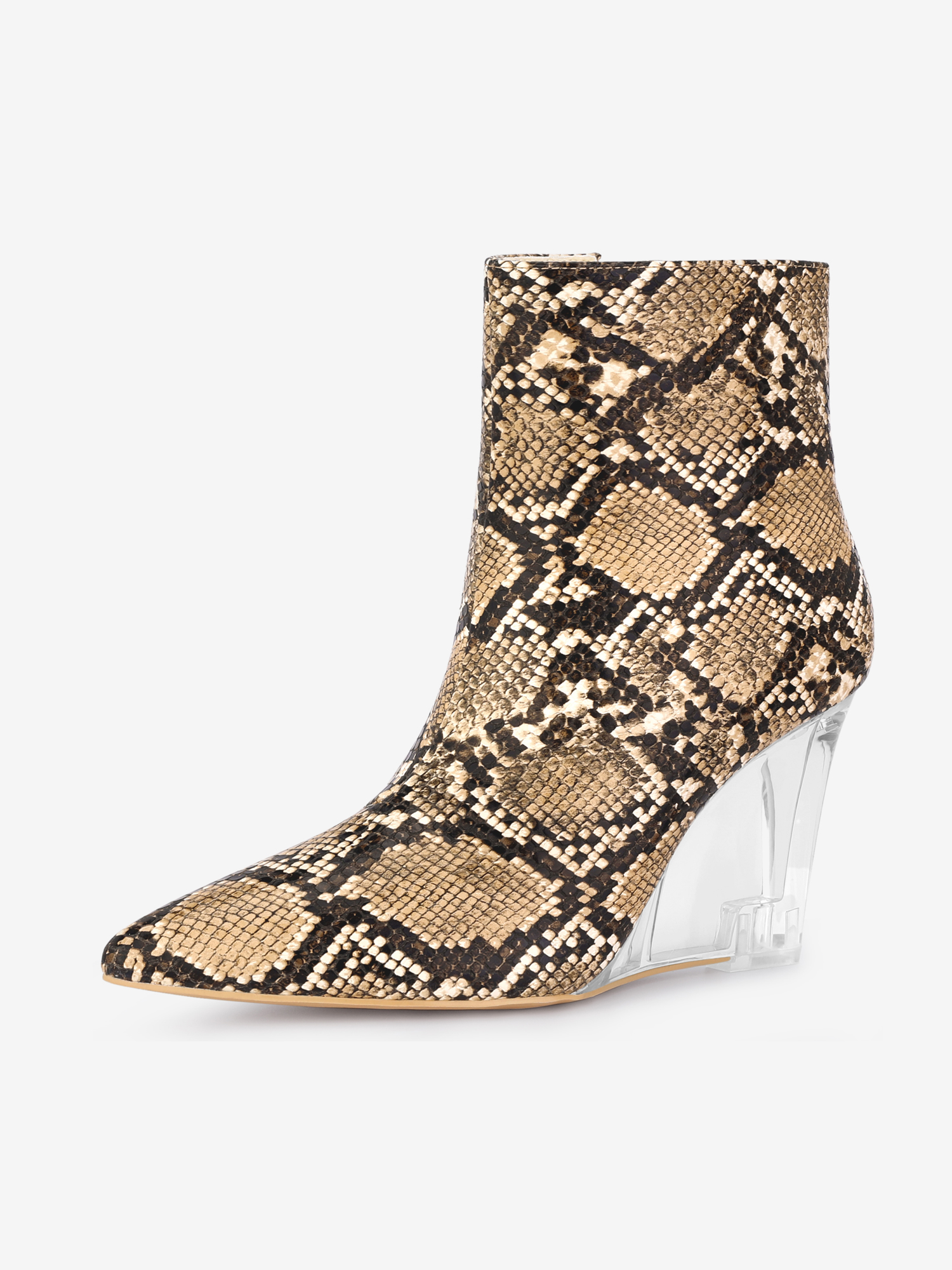 Women's Snake Print Pointed Toe Clear Wedge Heels Ankle Boots Brown/9
