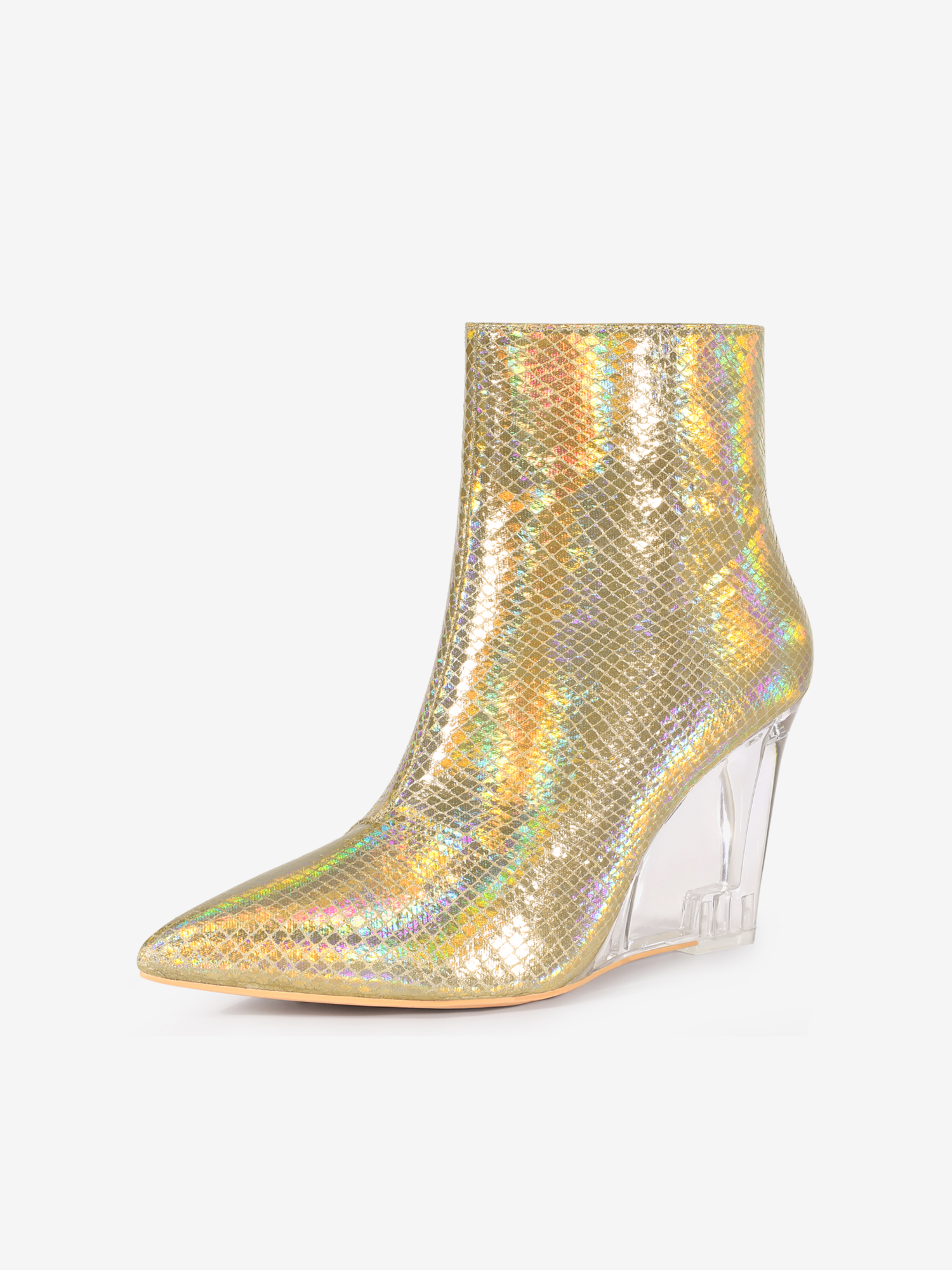 Women's Snake Print Pointed Toe Clear Wedge Heels Ankle Boots Rose Gold/6