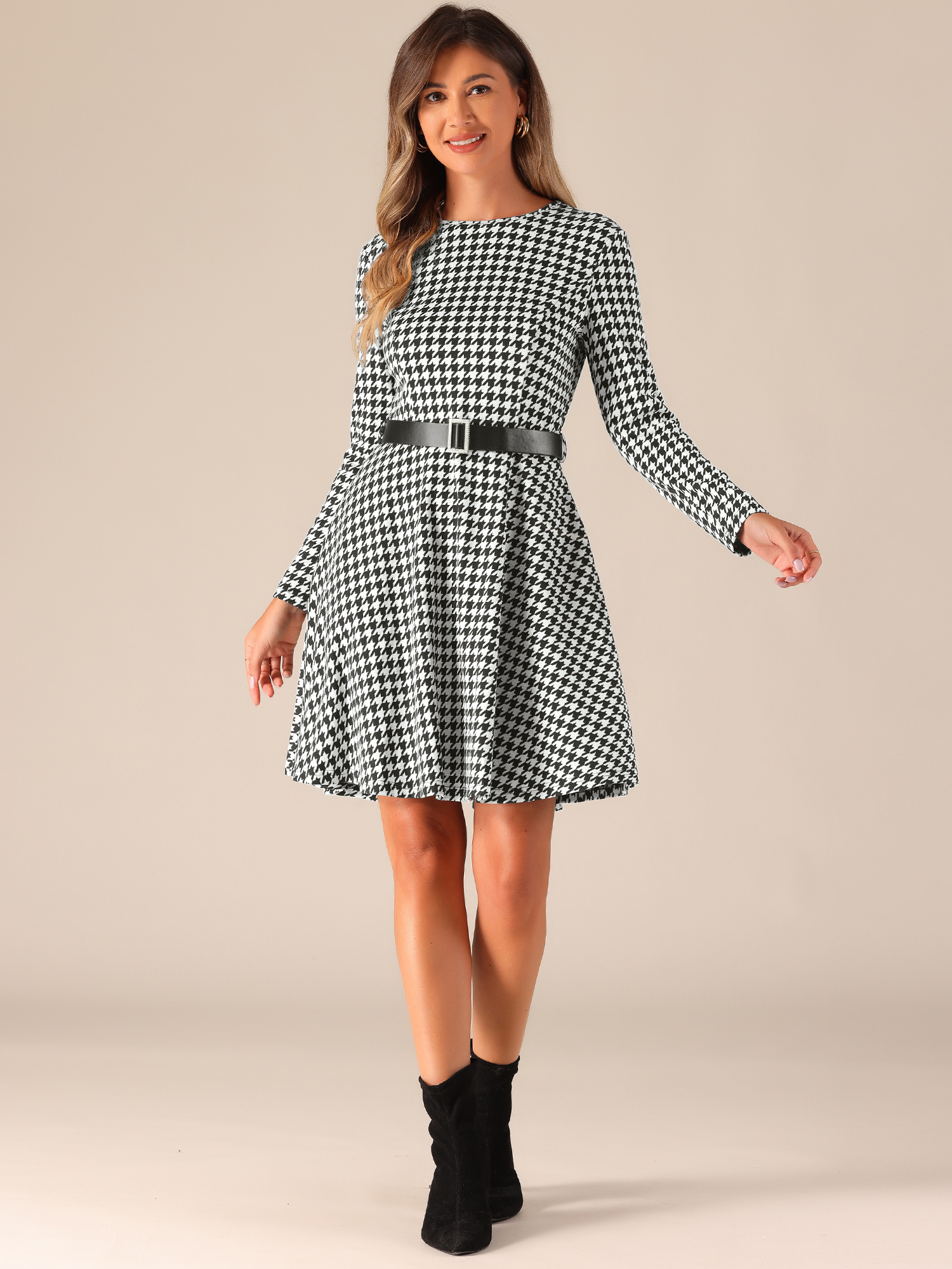 Houndstooth Round Neck Long Sleeves Belt Pockets A-Line Dress Black White/L