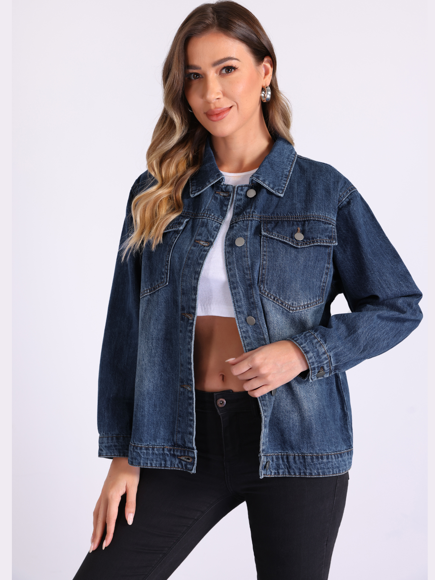 Button Down Long Sleeve Denim Jean Jacket Blue/XS