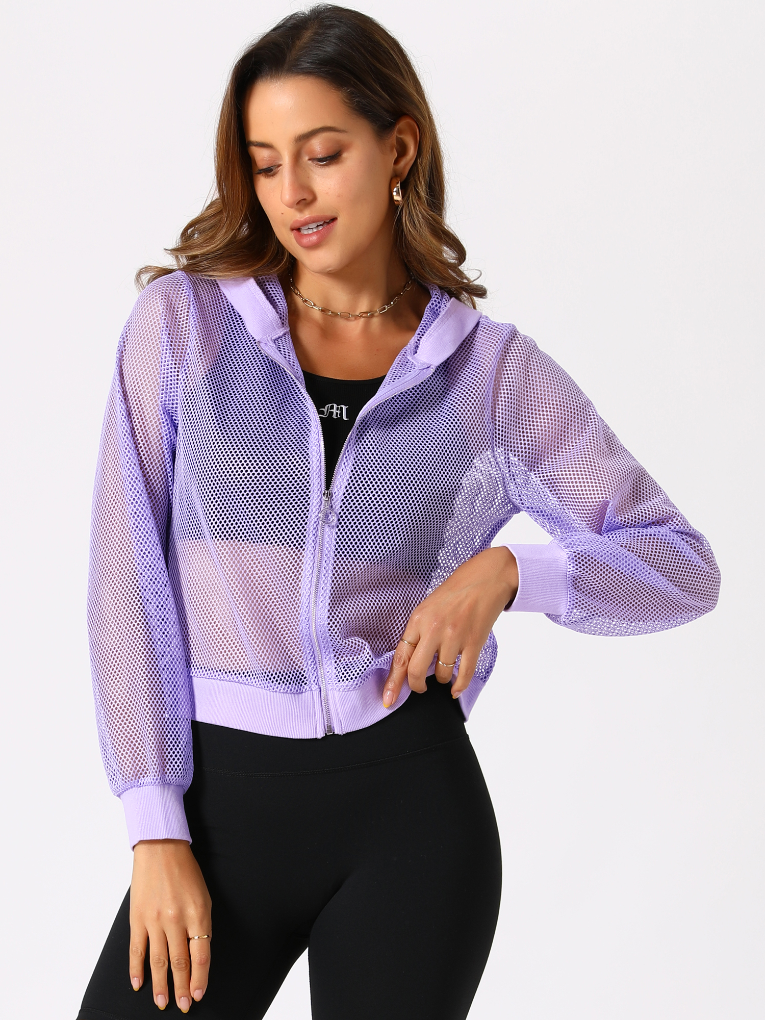 Zip Up Long Sleeve Mesh Sheer Hoodie Bomber Jackets Light Purple/XL