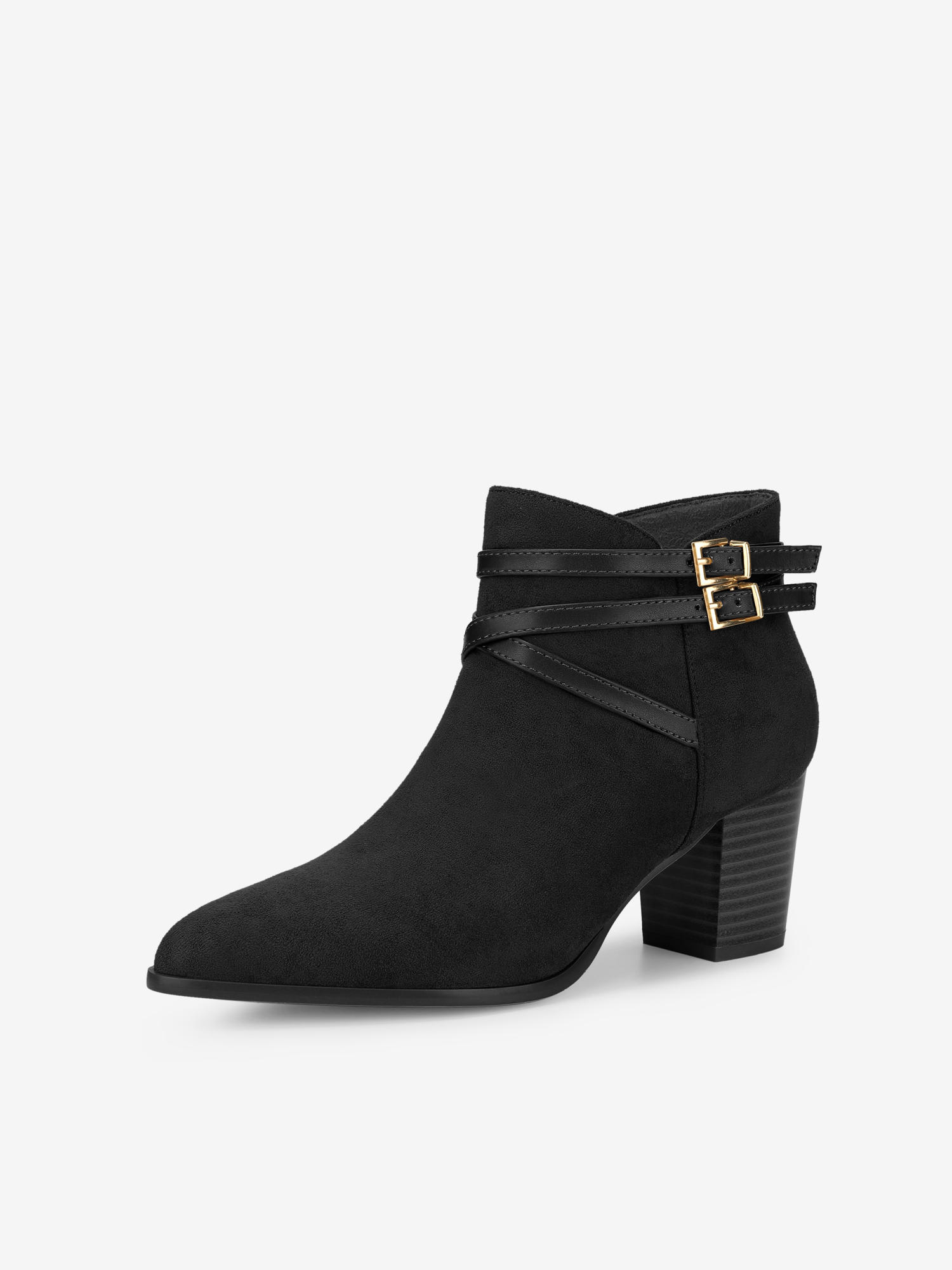 Women's Round Toe Buckle Decor Cross Strap Block Heels Ankle Boots Black/9.5