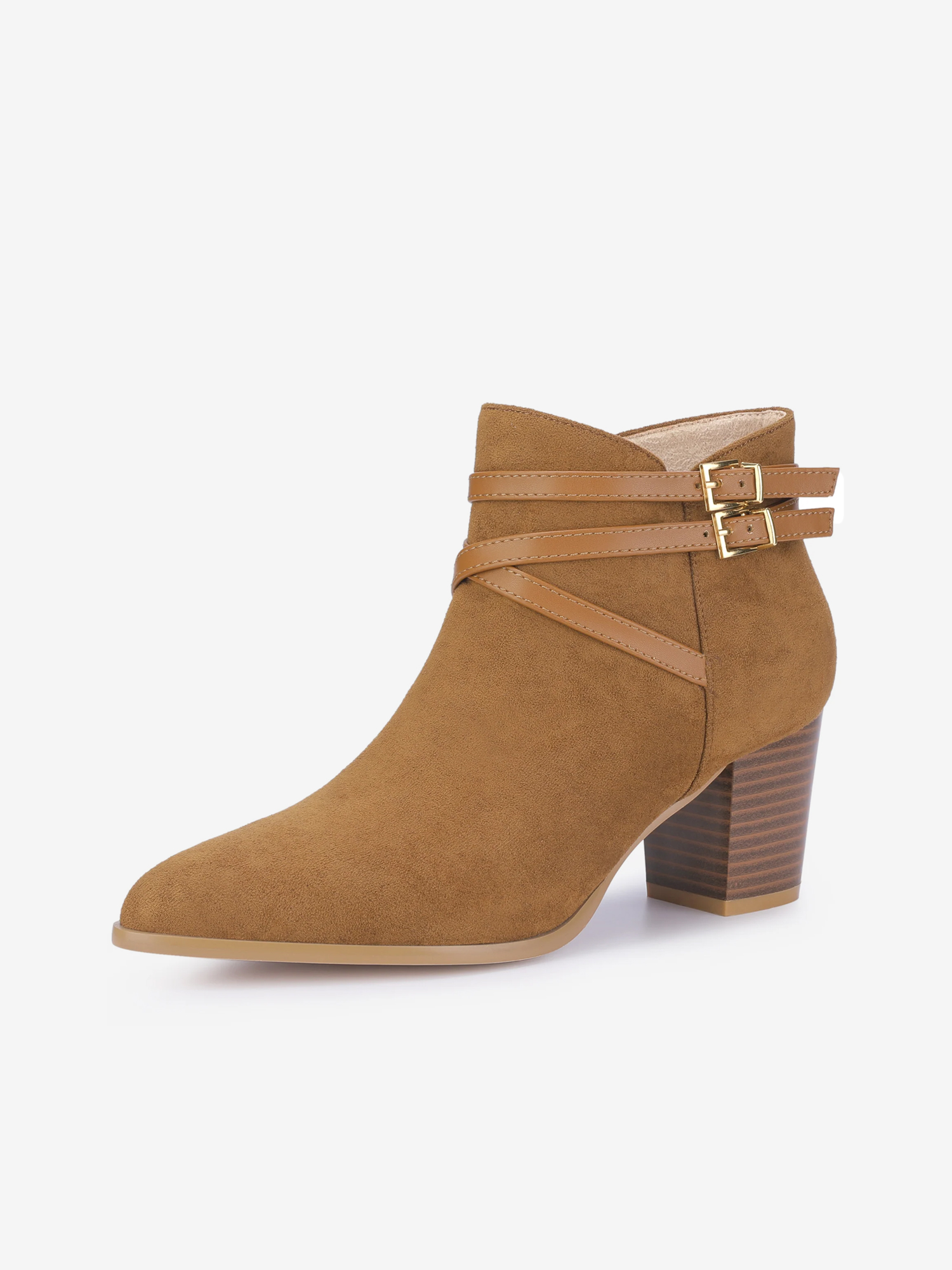 Women's Round Toe Buckle Decor Cross Strap Block Heels Ankle Boots Brown/6