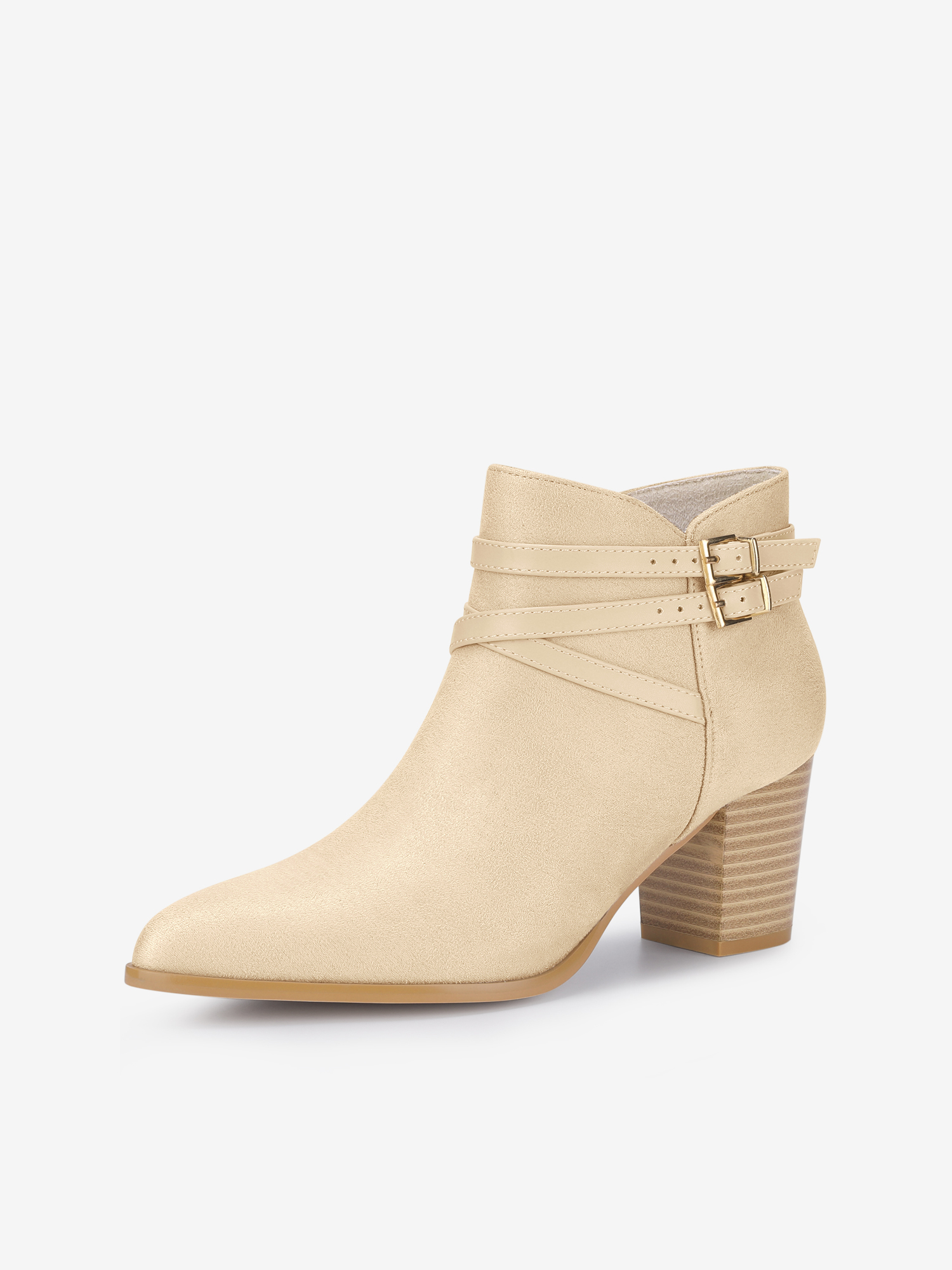 Women's Round Toe Buckle Decor Cross Strap Block Heels Ankle Boots Beige/6