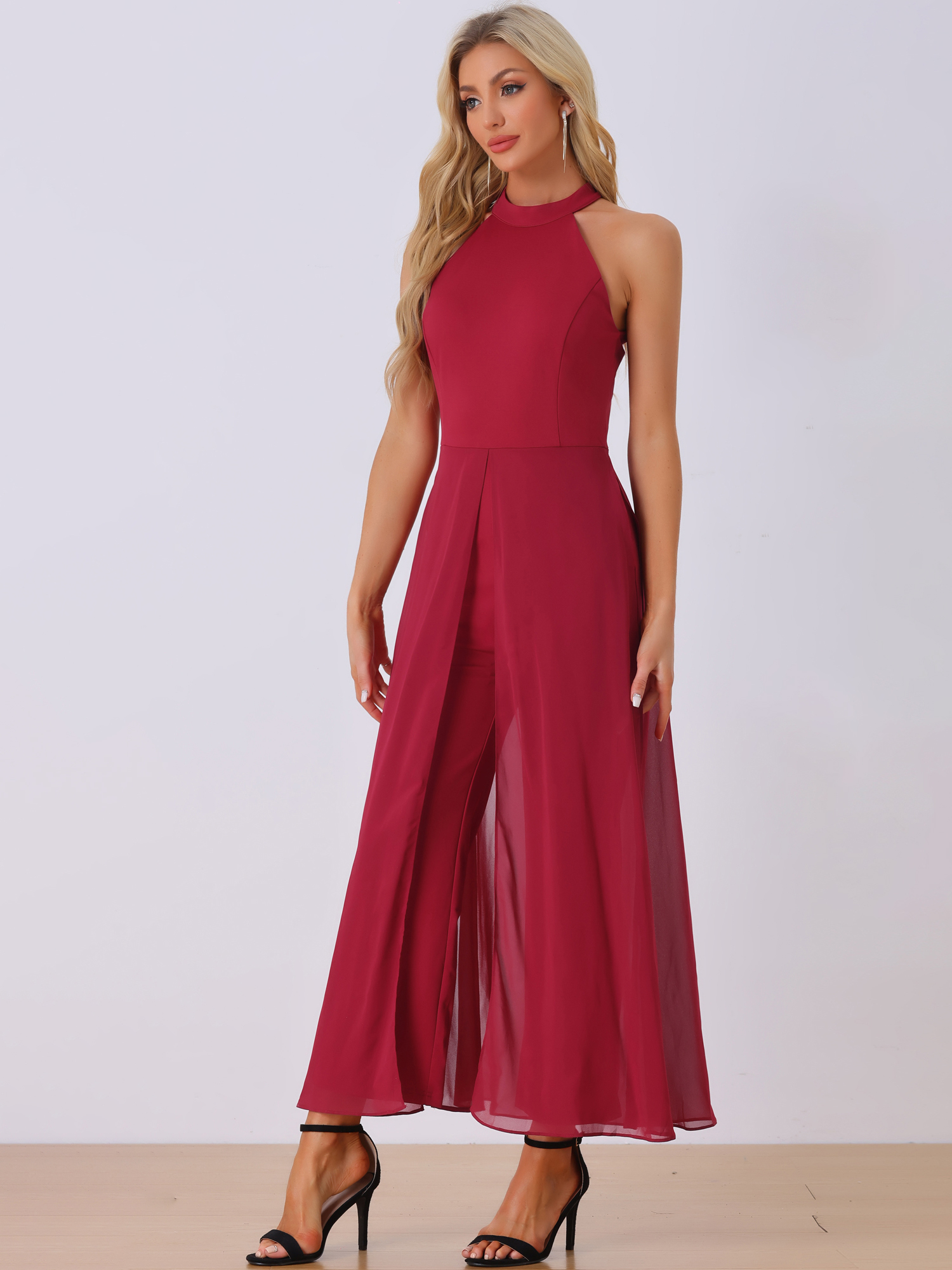 Sleeveless Halter Neck Belted Elegant Wedding Cocktail Dressy Jumpsuits Burgundy/S