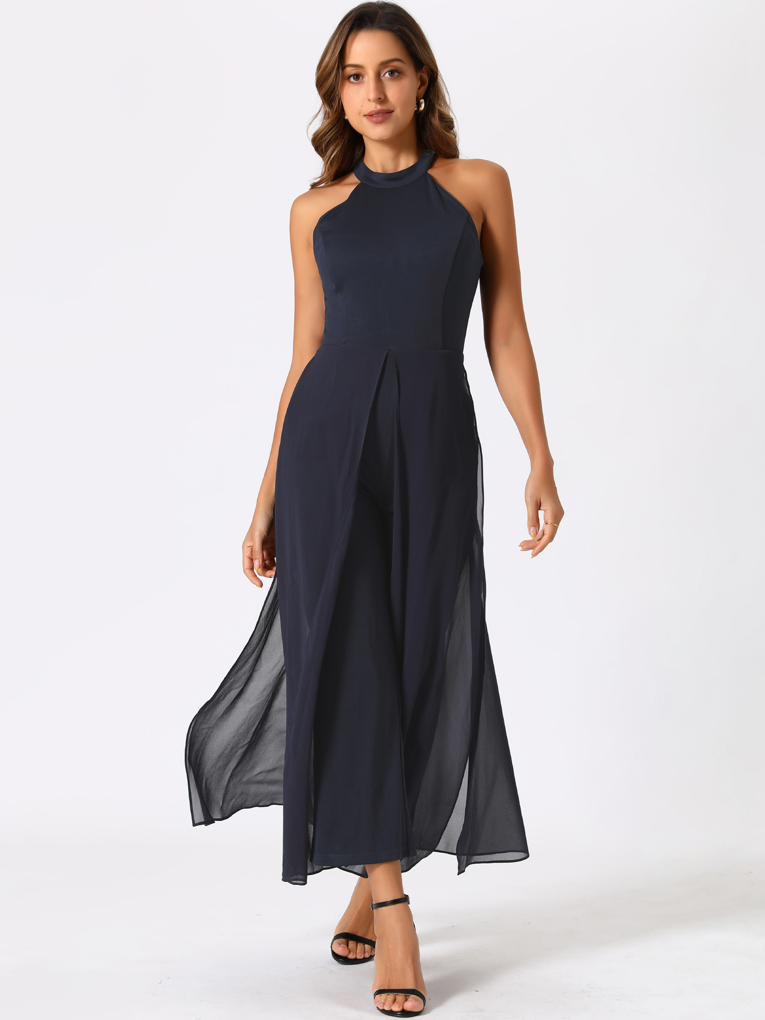 Sleeveless Halter Neck Belted Elegant Wedding Cocktail Dressy Jumpsuits Dark Blue/S
