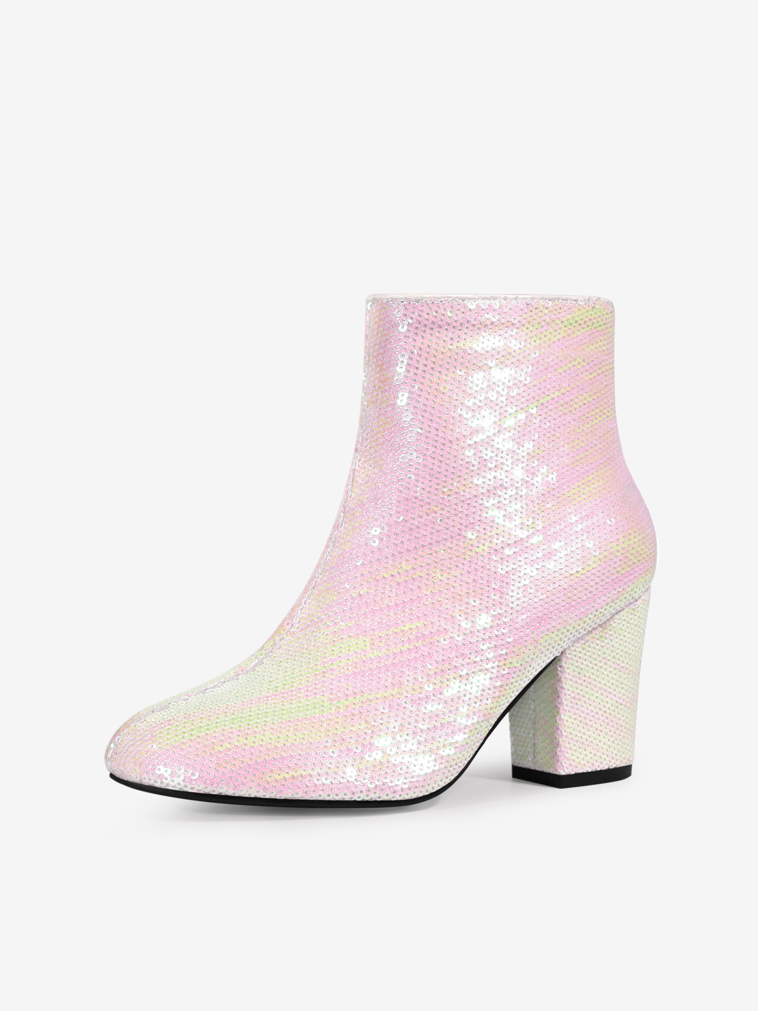 Women's Round Toe Sequins Block Heels Ankle Boots White/7