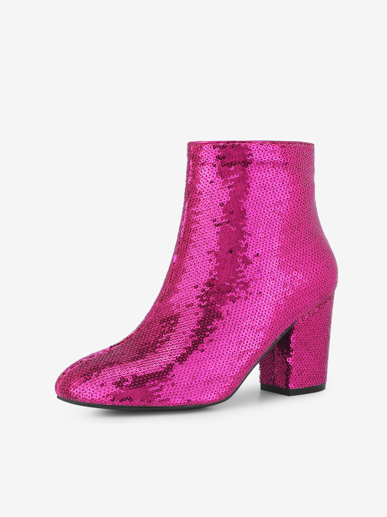 Women's Round Toe Sequins Block Heels Ankle Boots Hot Pink/7