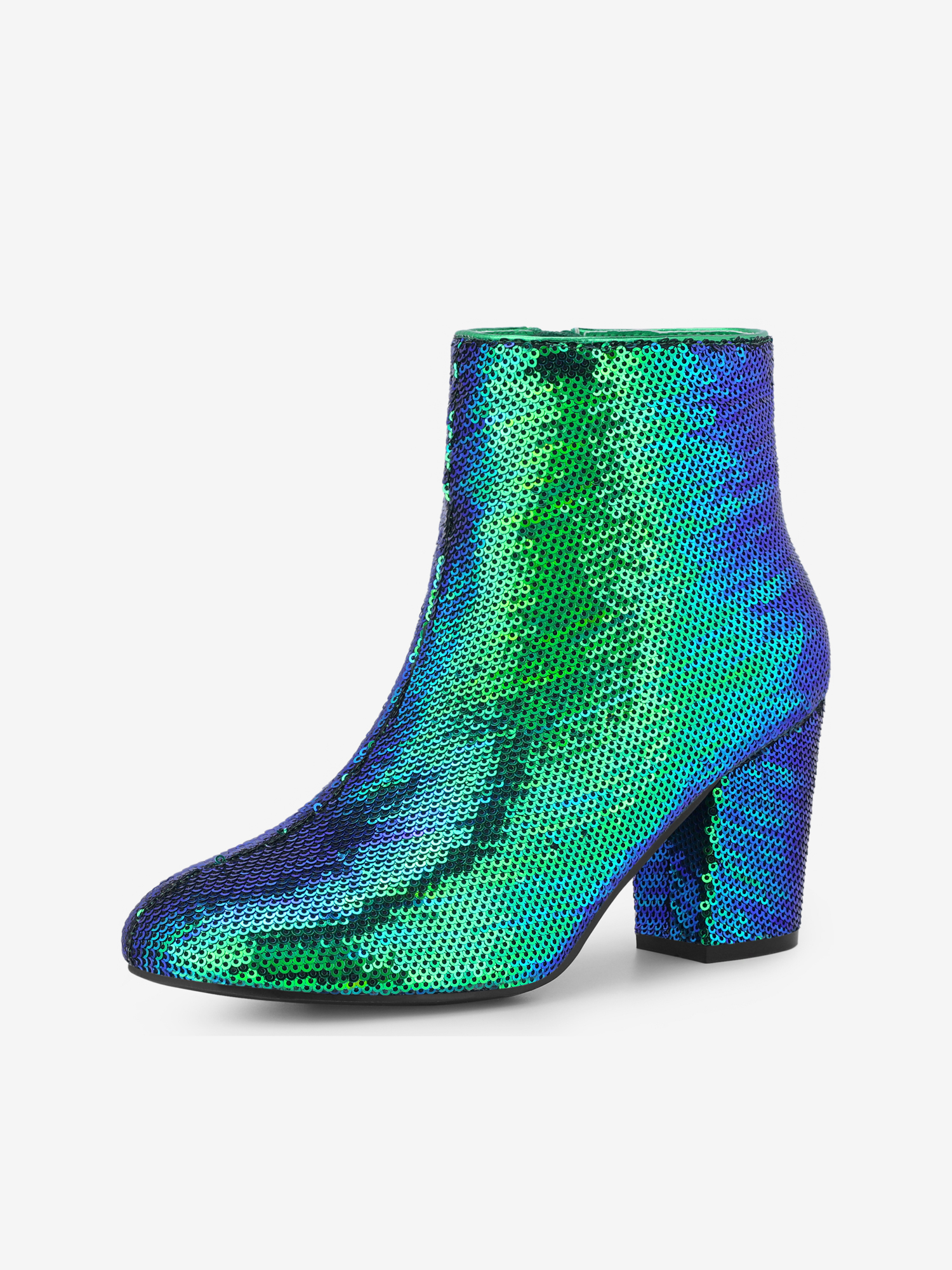 Women's Round Toe Sequins Block Heels Ankle Boots Green/8