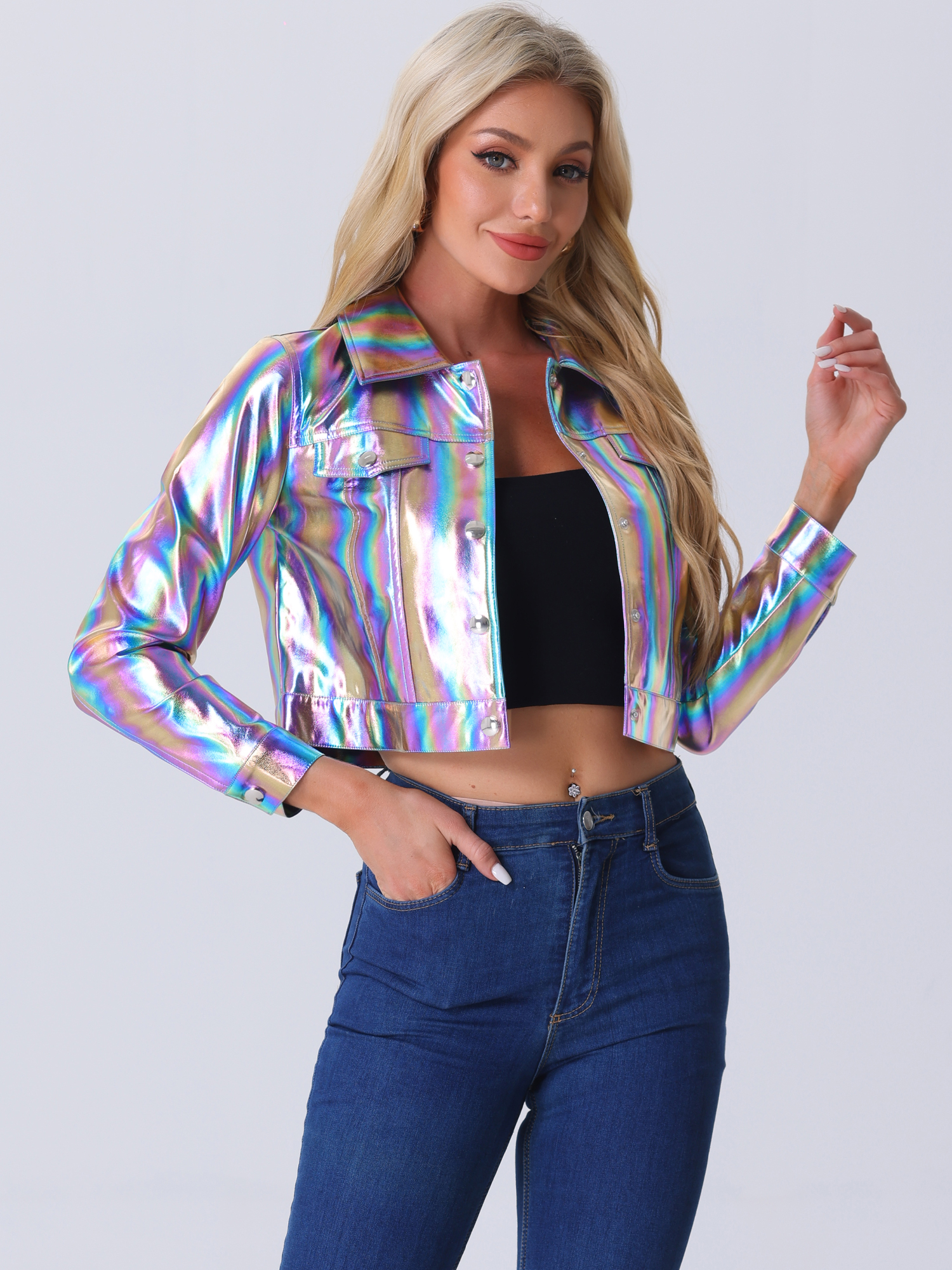 Metallic Biker Holographic Button Down Shiny Jacket Multicolor/M