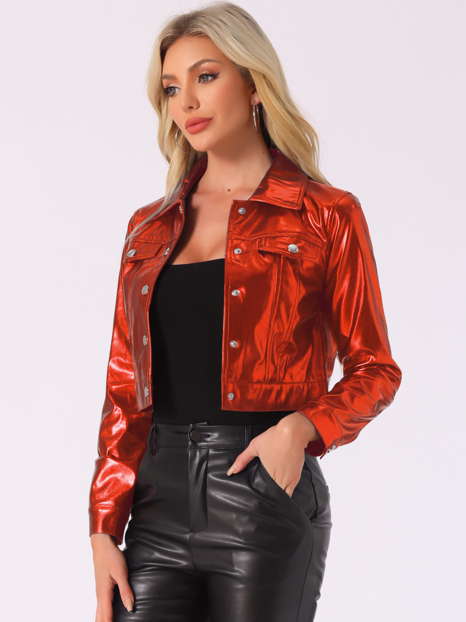 Metallic Biker Holographic Button Down Shiny Jacket Red/XL
