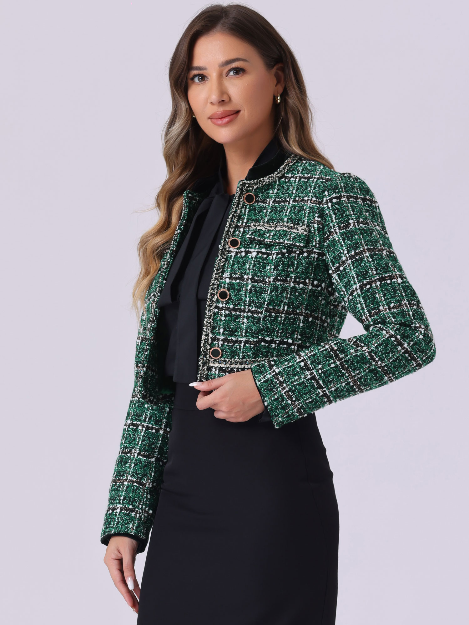 Stand Collar Double Breasted Elegant Plaid Tweed Crop Jacket Green/M