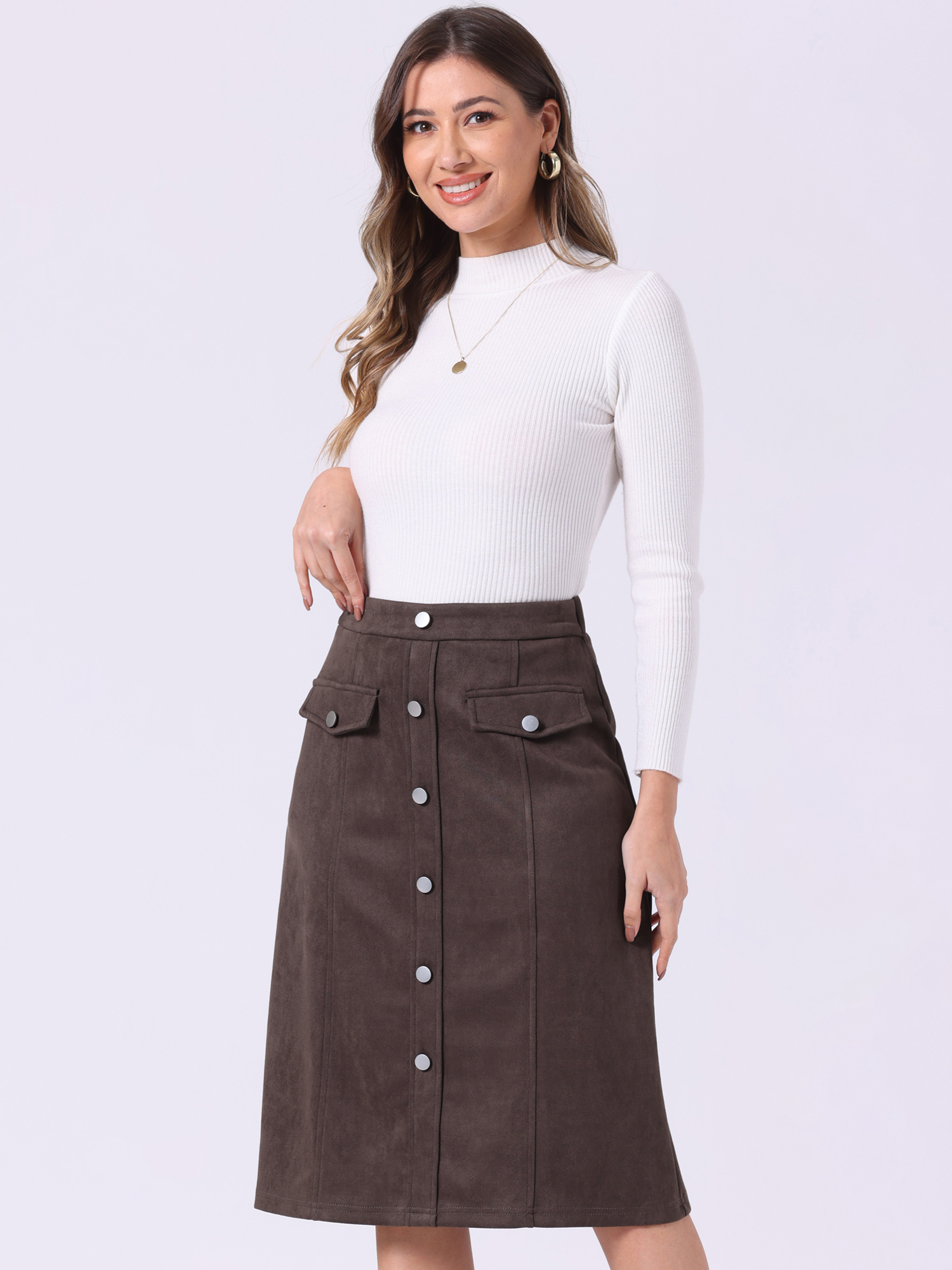 High Waist Faux Suede Knee Length A-Line Skirt Dark Brown/L