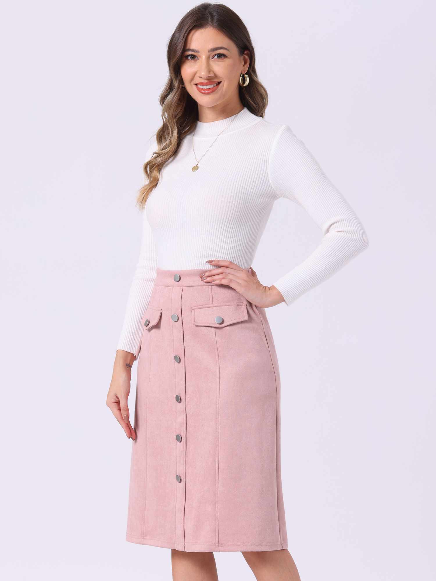 High Waist Faux Suede Knee Length A-Line Skirt Pink/XS