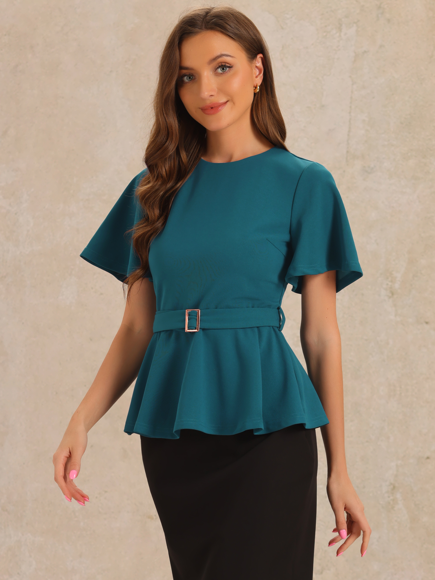 Peplum Round Neck Bell Sleeve Belted Waist Office Blouse Peacock Blue/XS