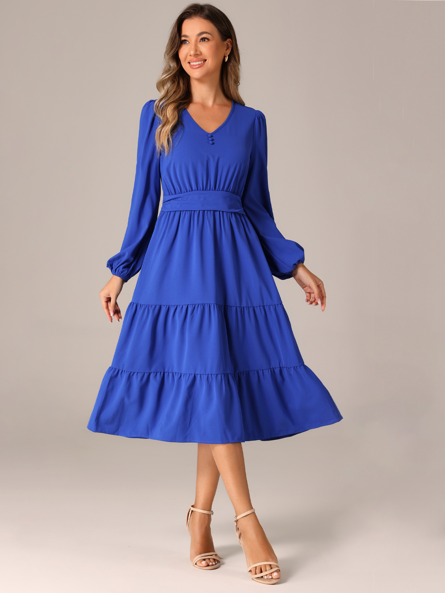 Lantern Sleeve Pocketed Ruffled Tiered A-Line Midi Dress Royal Blue/M