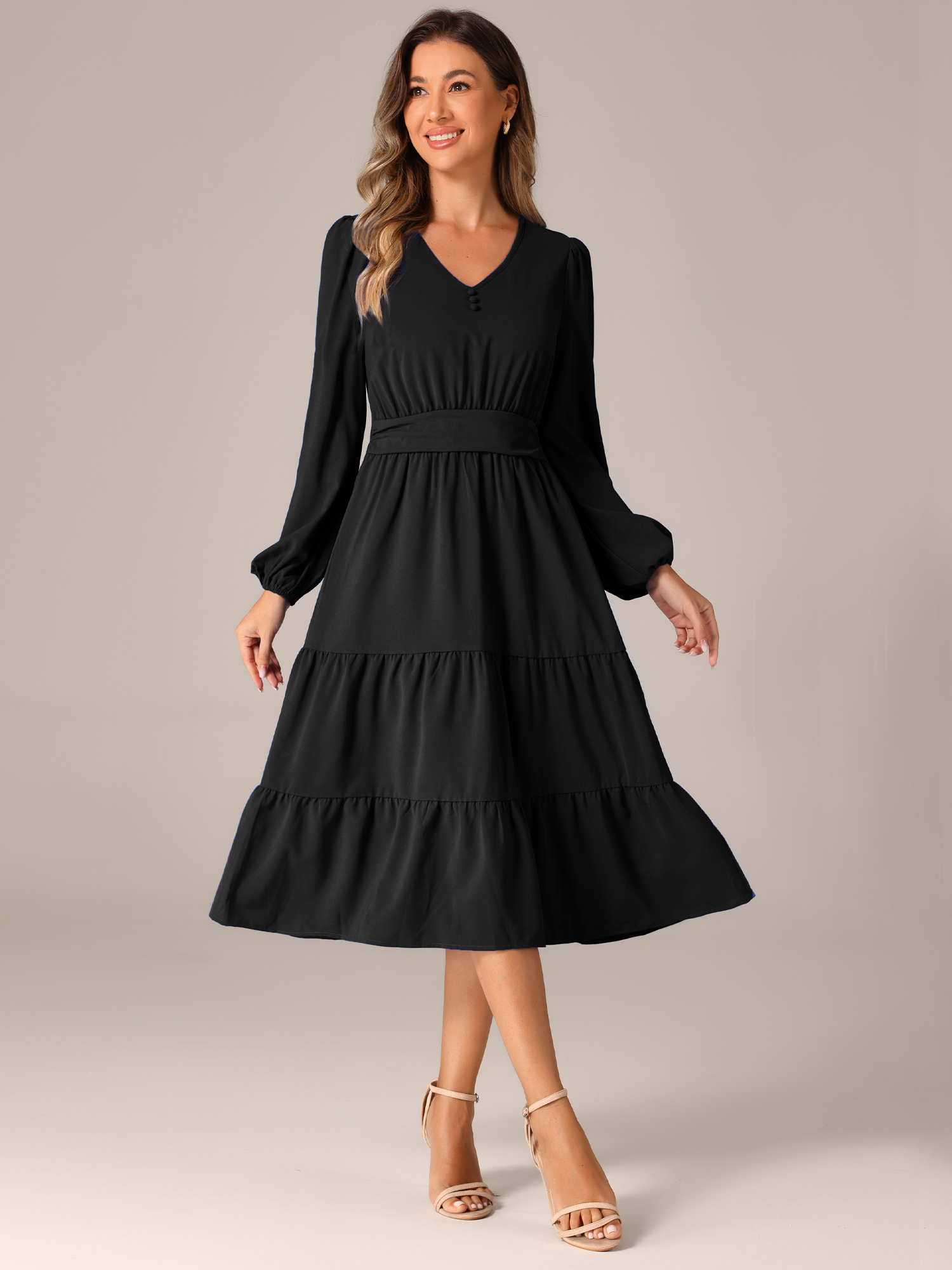 Lantern Sleeve Pocketed Ruffled Tiered A-Line Midi Dress Black/S