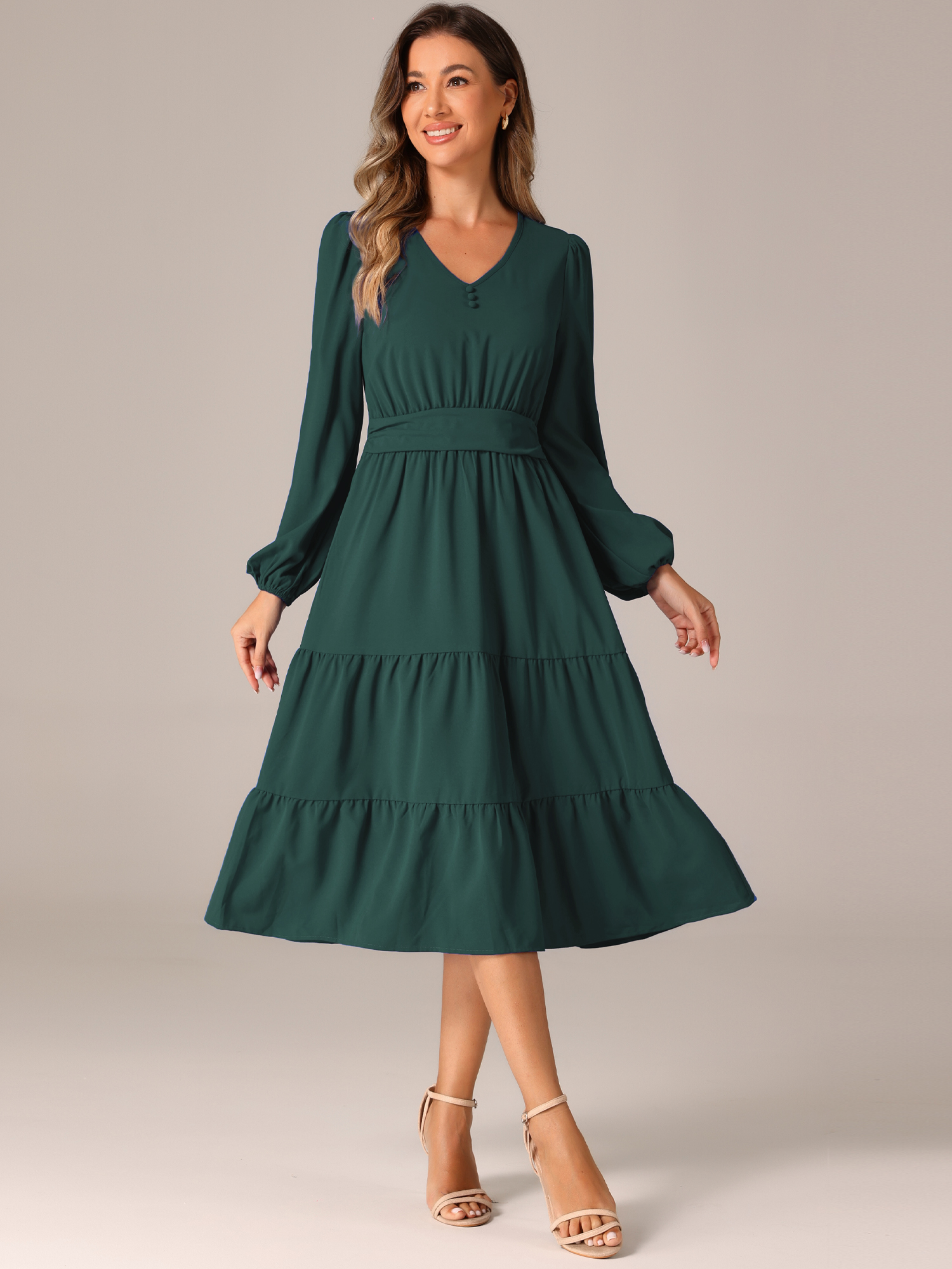 Lantern Sleeve Pocketed Ruffled Tiered A-Line Midi Dress Dark Green/XS