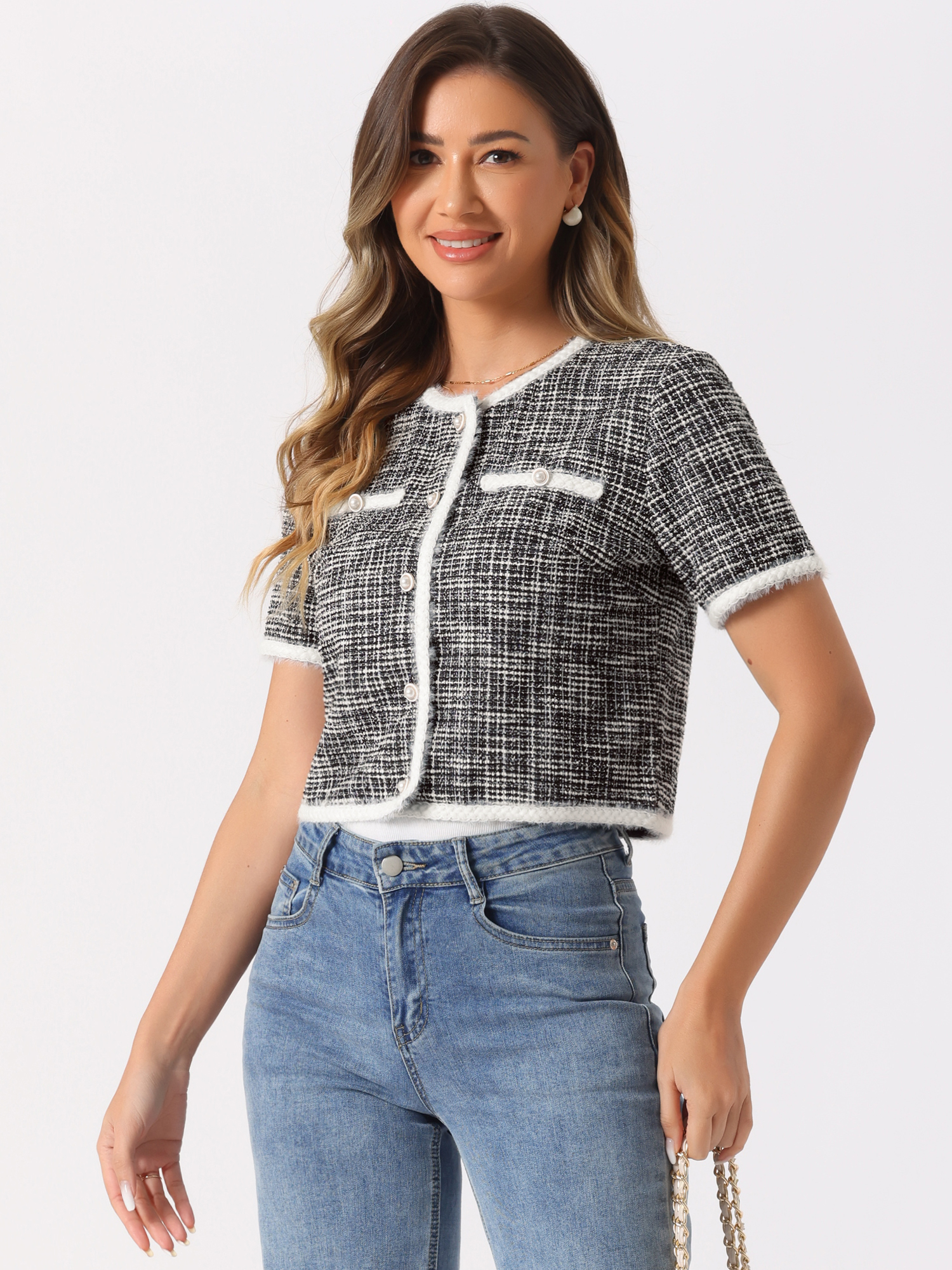 Crew Neck Short Sleeve Cropped Tweed Jacket Black/XS