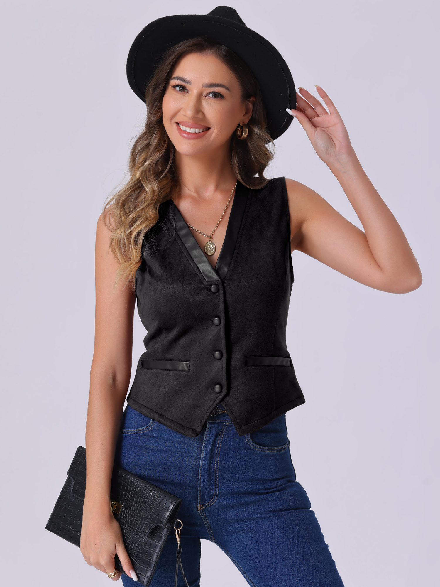 V Neck Faux Suede Button Down Vintage Sleeveless Casual Vest Black/L