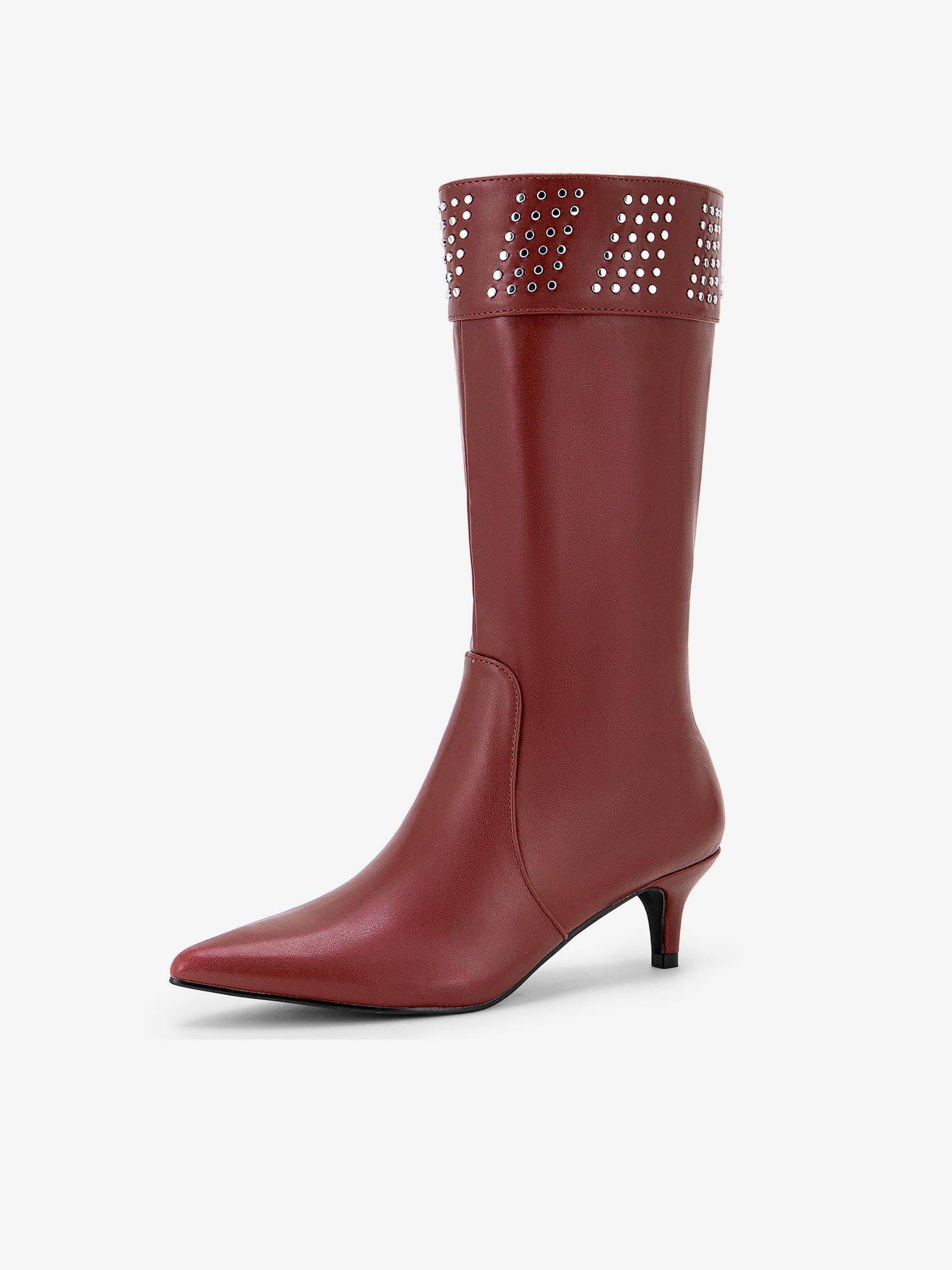 Women's Pointed Toe Kitten Heels Knee High Boots Burgundy/6