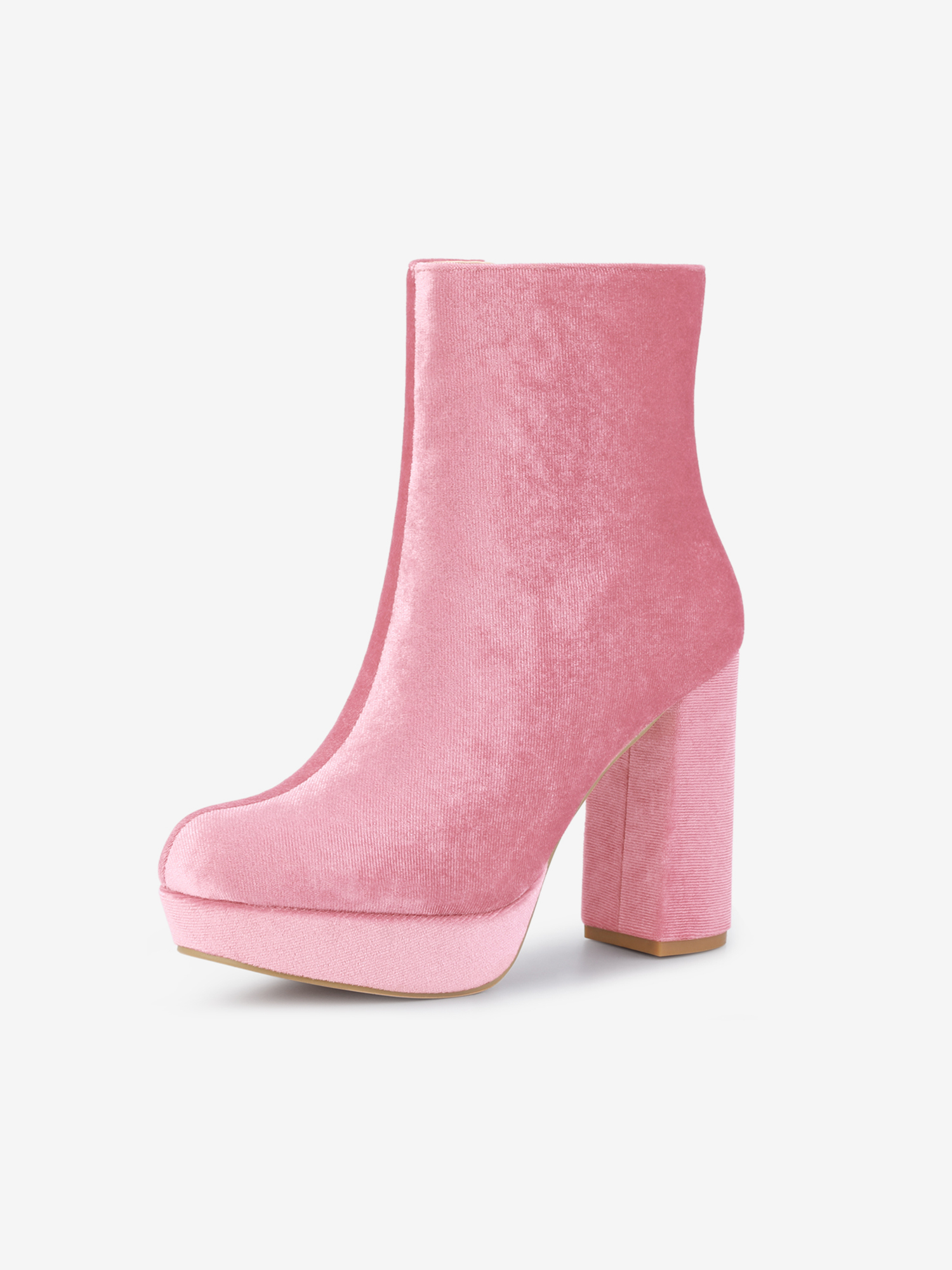Women's Round Toe Faux Velvet Block Heels Ankle Boots Pink/6