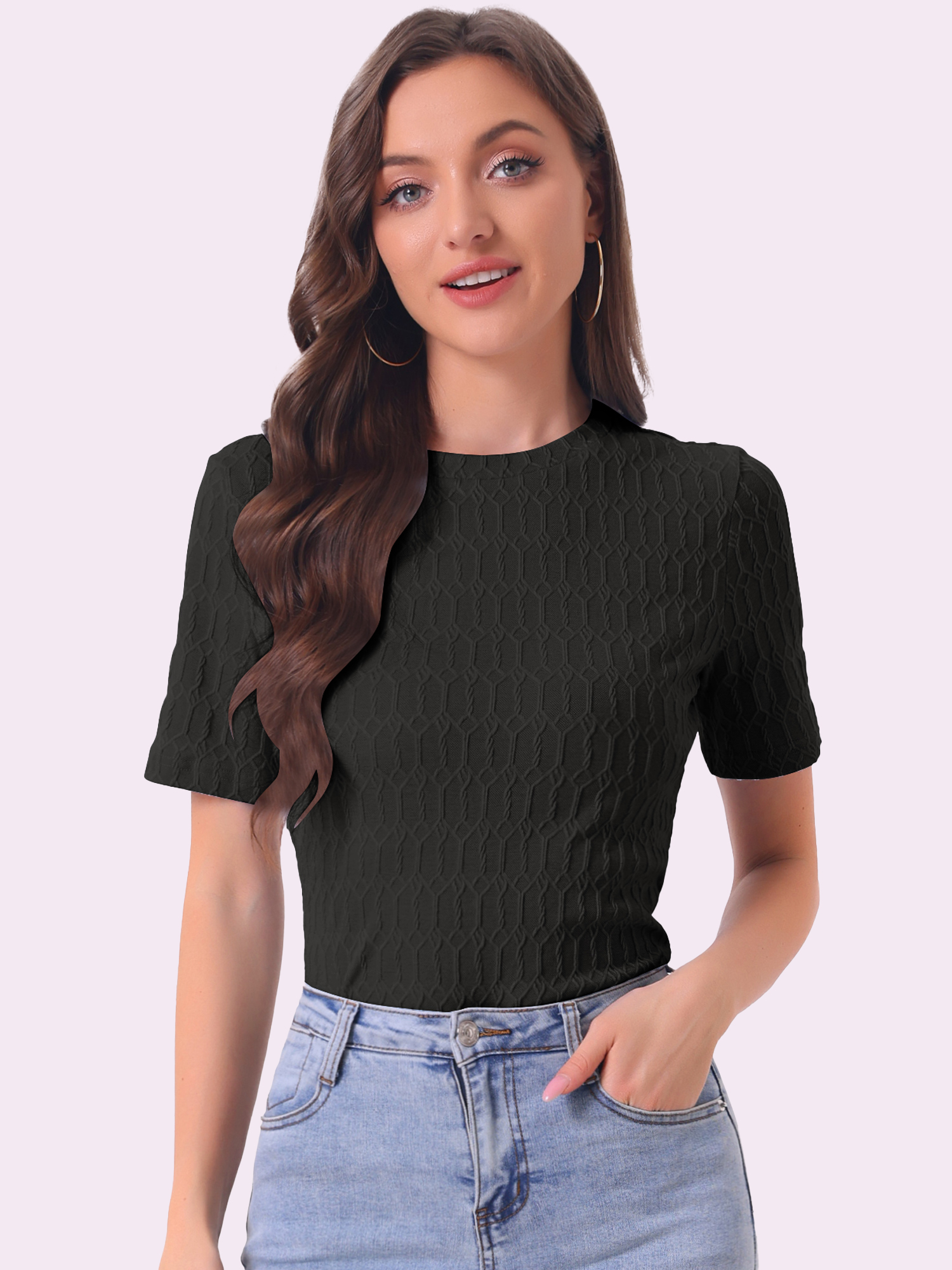 Casual Short Sleeves Round Neck Basic Textured Blouse Black/XL