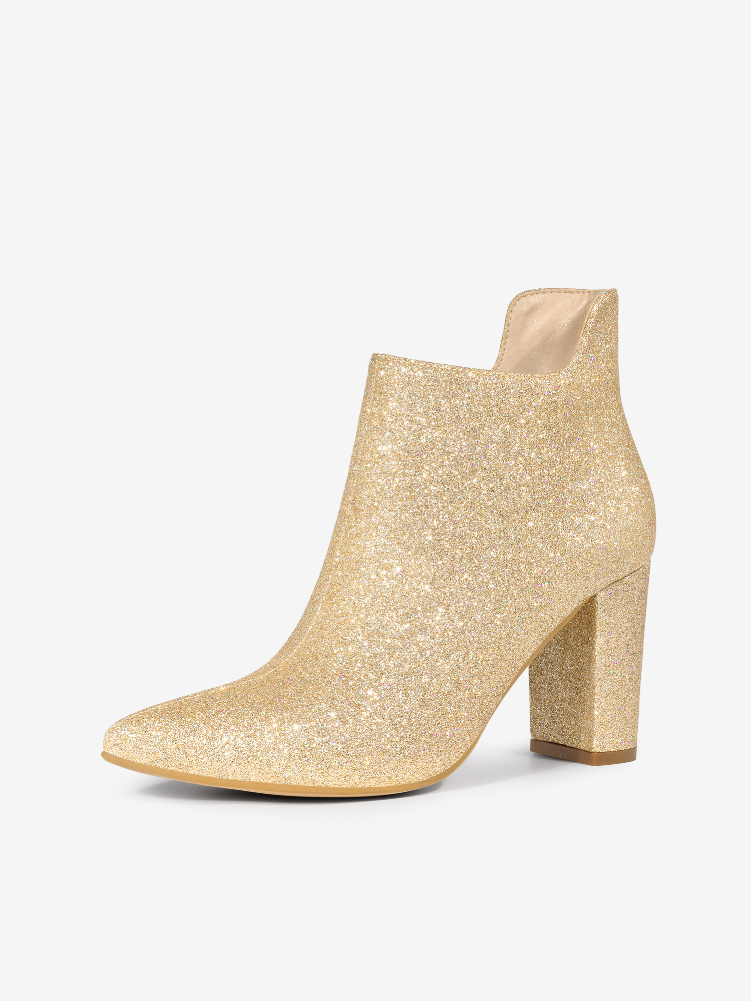 Women's Pointed Toe Cutout Block Heels Glitter Ankle Booties Gold/8
