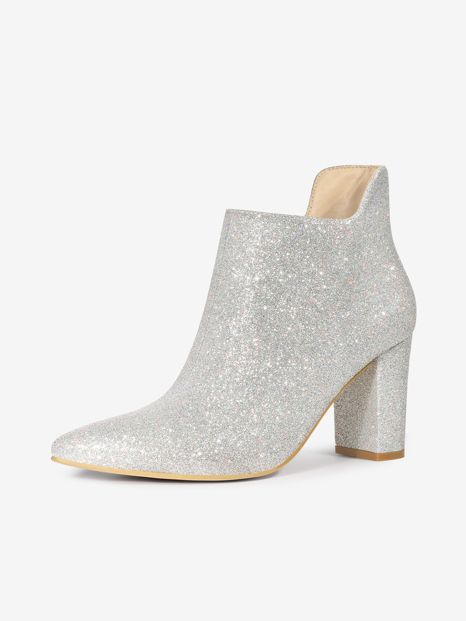 Women's Pointed Toe Cutout Block Heels Glitter Ankle Booties Silver/7