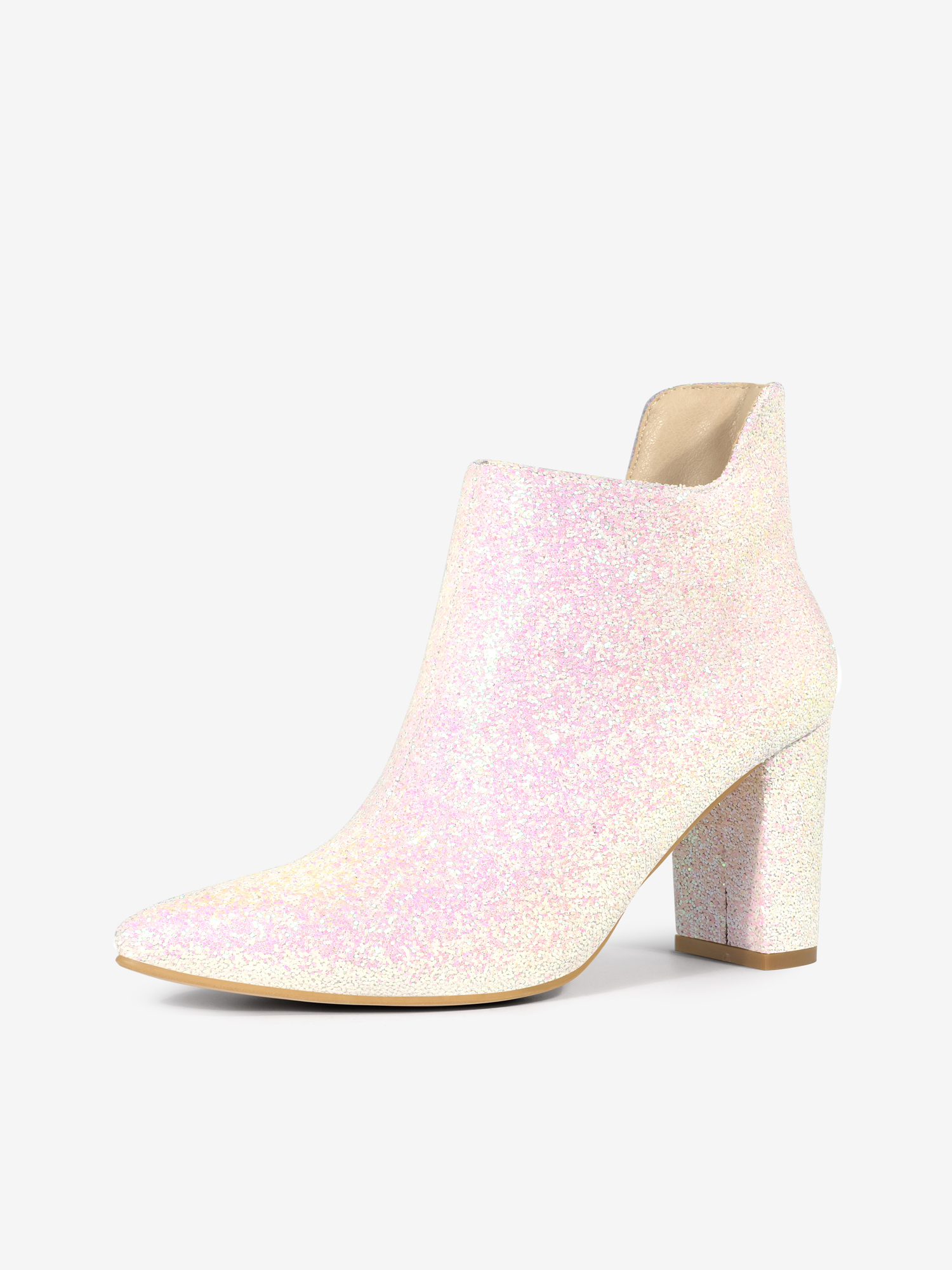 Women's Pointed Toe Cutout Block Heels Glitter Ankle Booties White/11