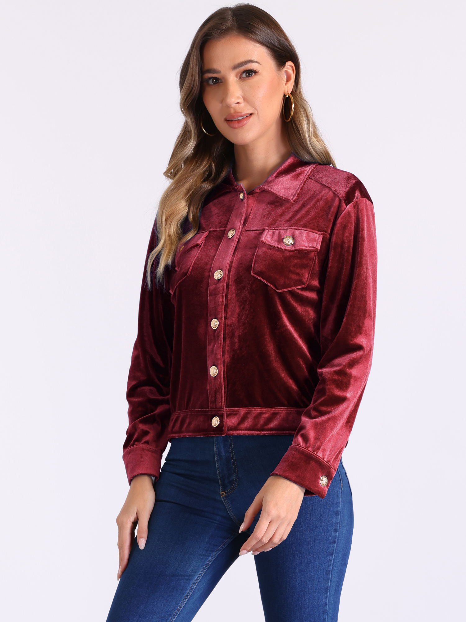 Velvet Button Up Long Sleeve Cropped Jacket Burgundy/XS