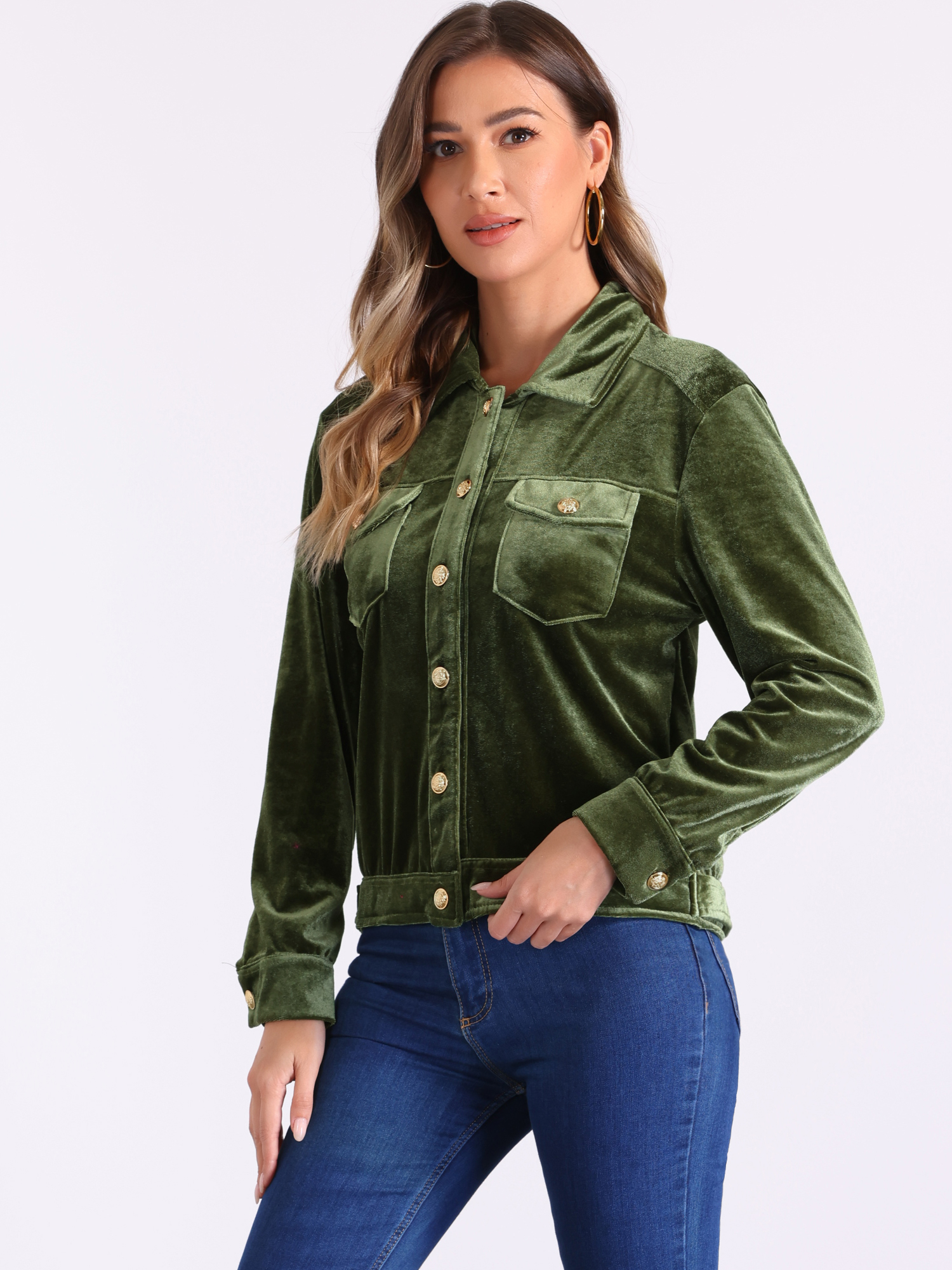 Velvet Button Up Long Sleeve Cropped Jacket Army Green/S
