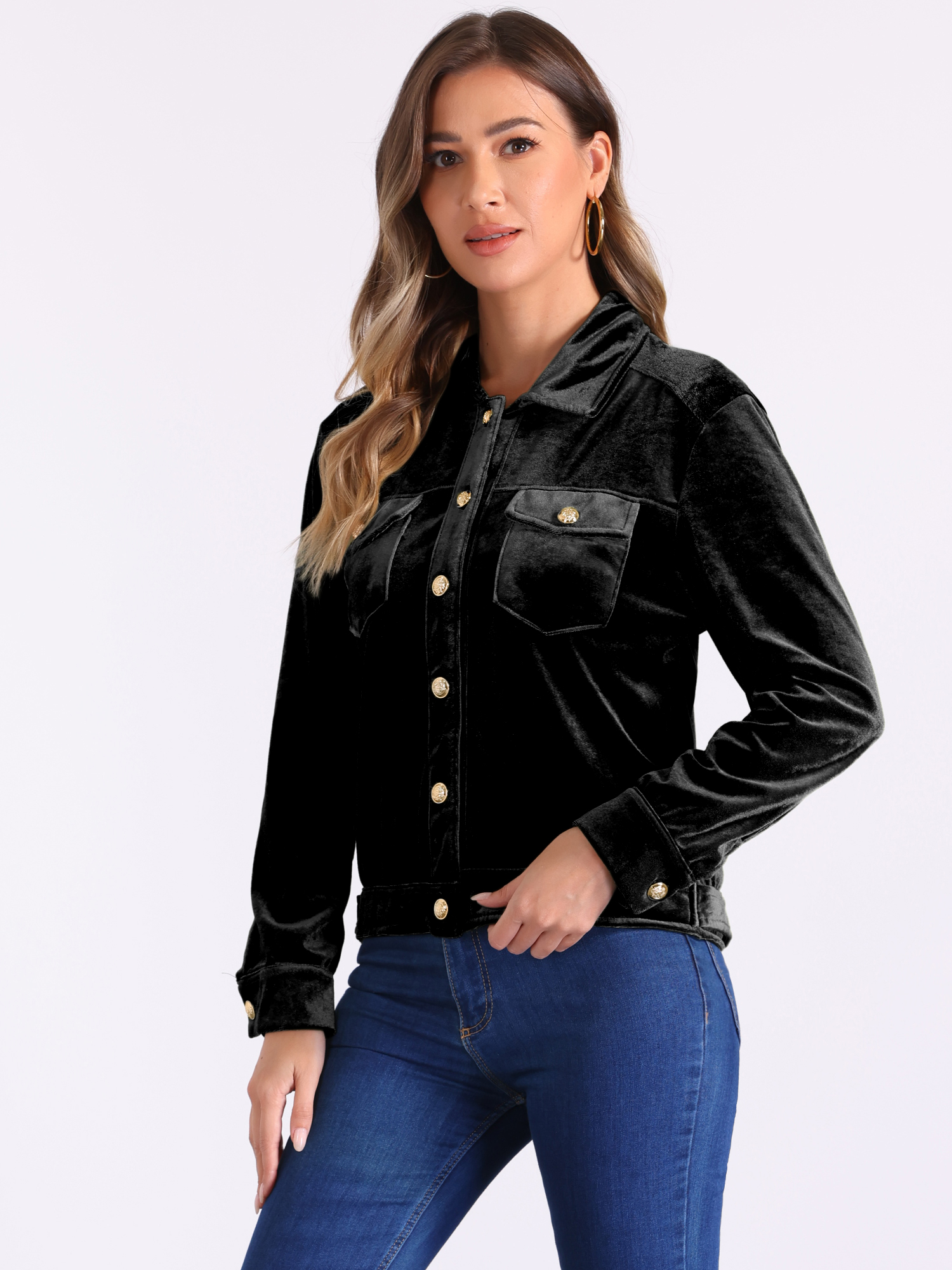 Velvet Button Up Long Sleeve Cropped Jacket Black/M