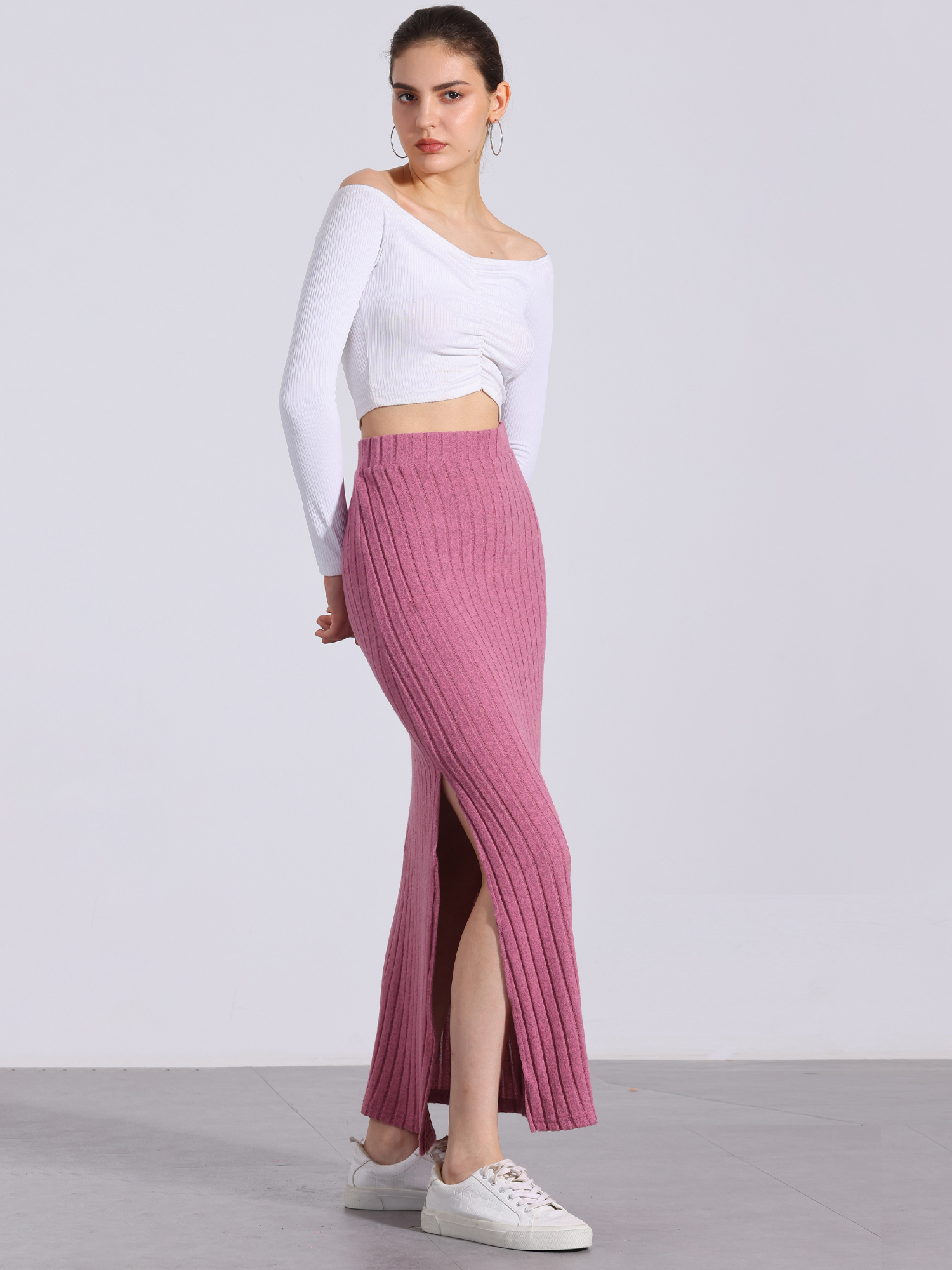 Knitted Textured Solid Color Slit Maxi Pencil Skirt Pink/XL