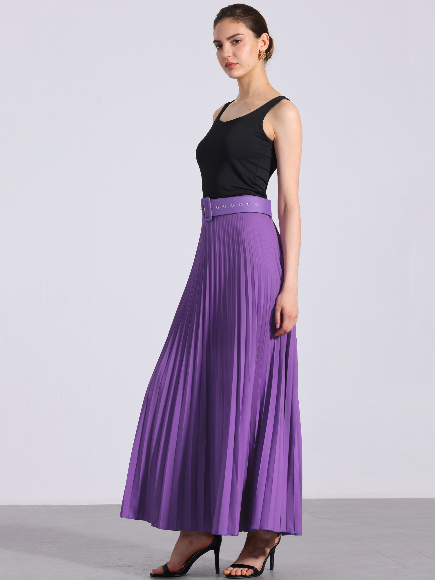 Flowy Pleated Elastic High Waist Belted Swing A-line Maxi Skirt Purple/M
