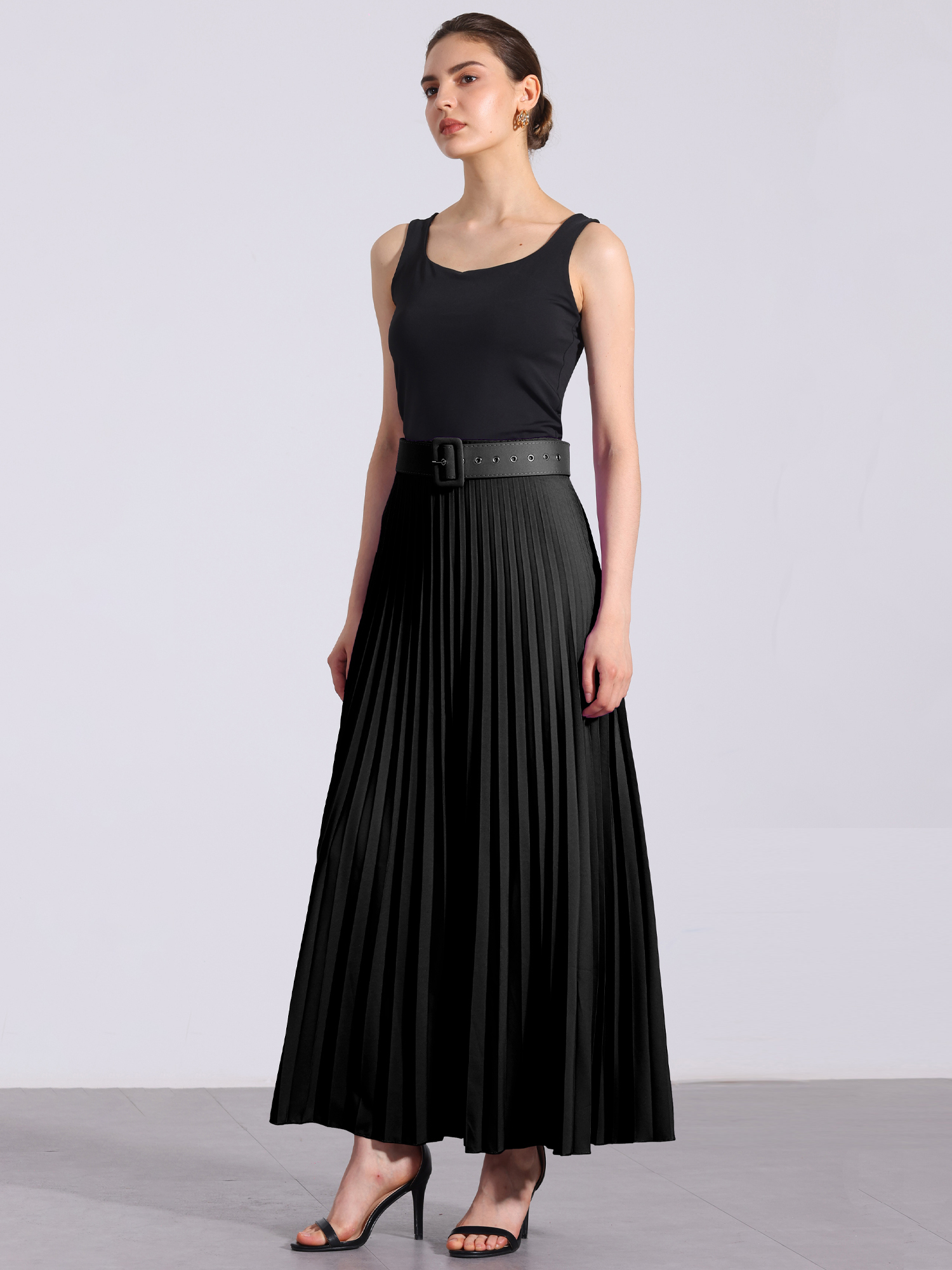 Flowy Pleated Elastic High Waist Belted Swing A-line Maxi Skirt Black/3XL