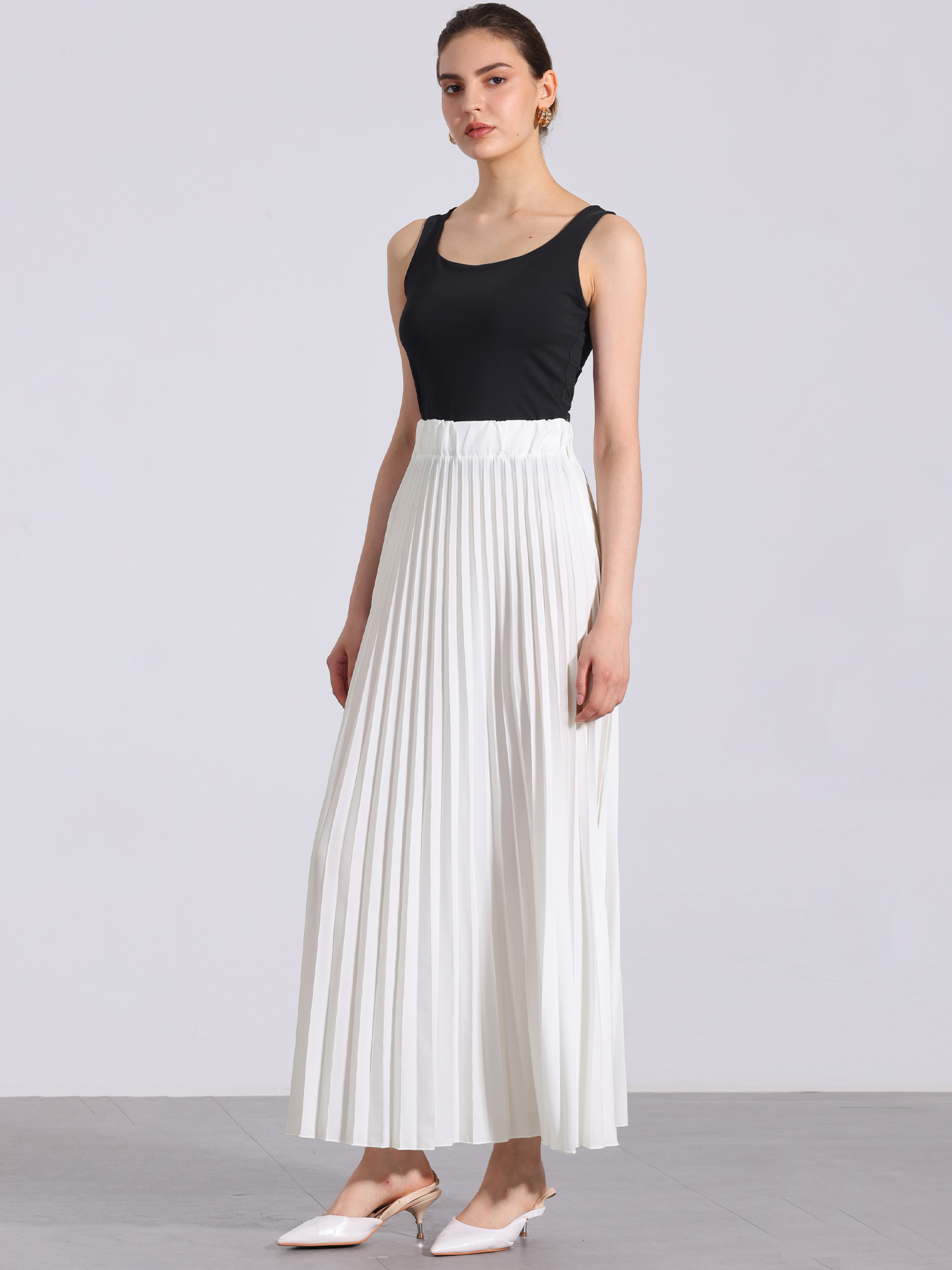 Flowy Pleated Elastic High Waist Belted Swing A-line Maxi Skirt White/2XL