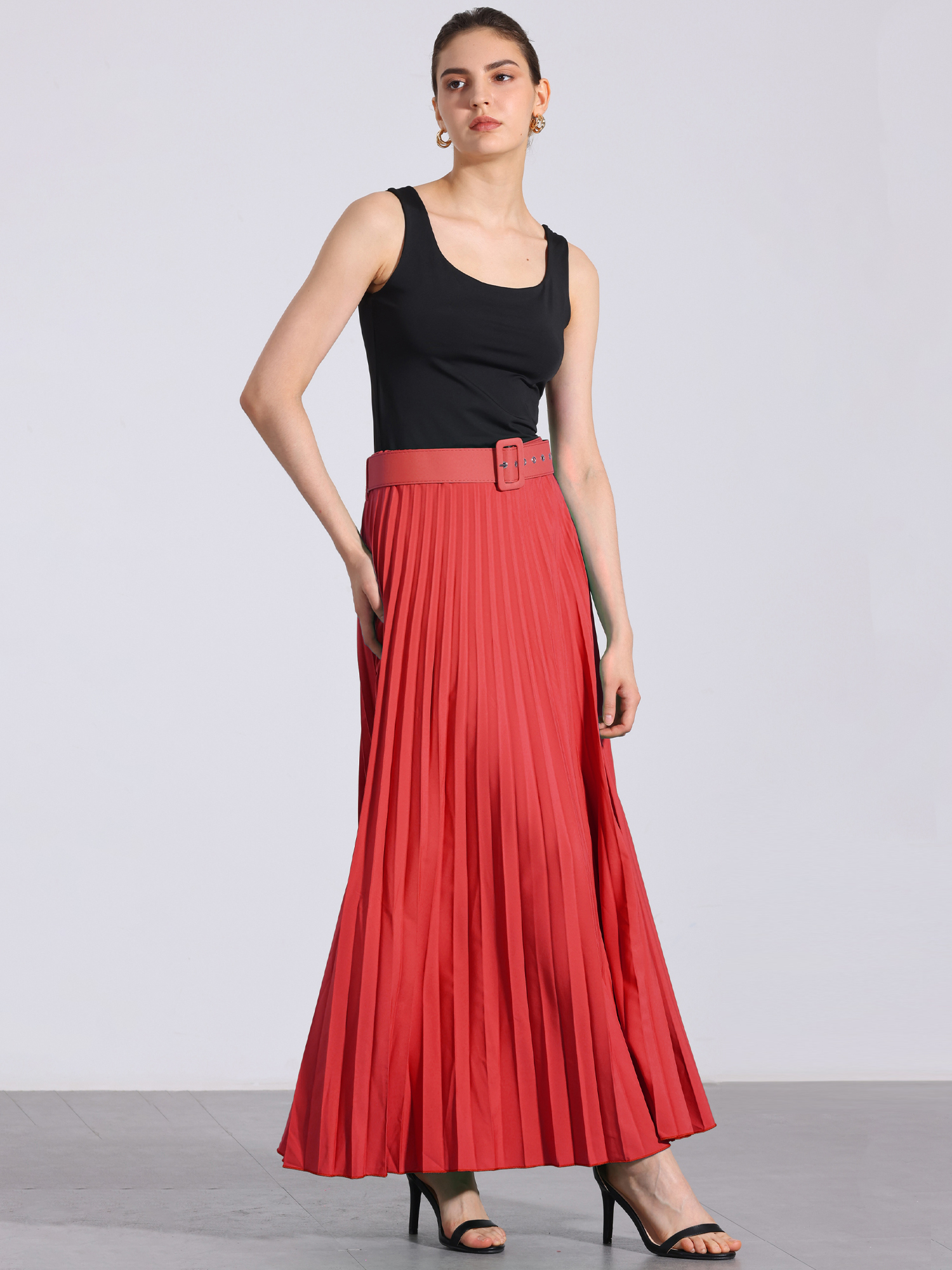 Flowy Pleated Elastic High Waist Belted Swing A-line Maxi Skirt Red/L