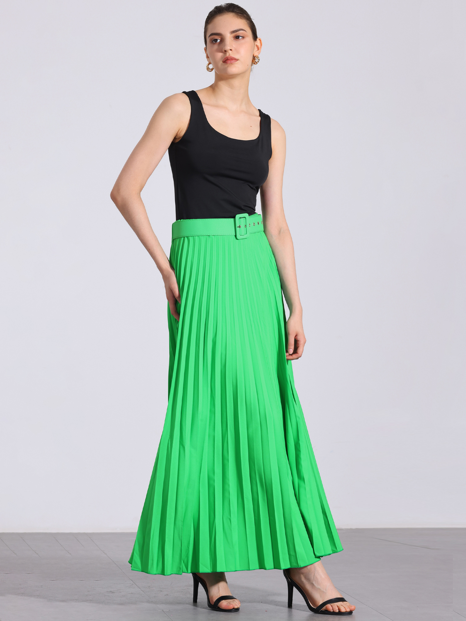 Flowy Pleated Elastic High Waist Belted Swing A-line Maxi Skirt Green/2XL