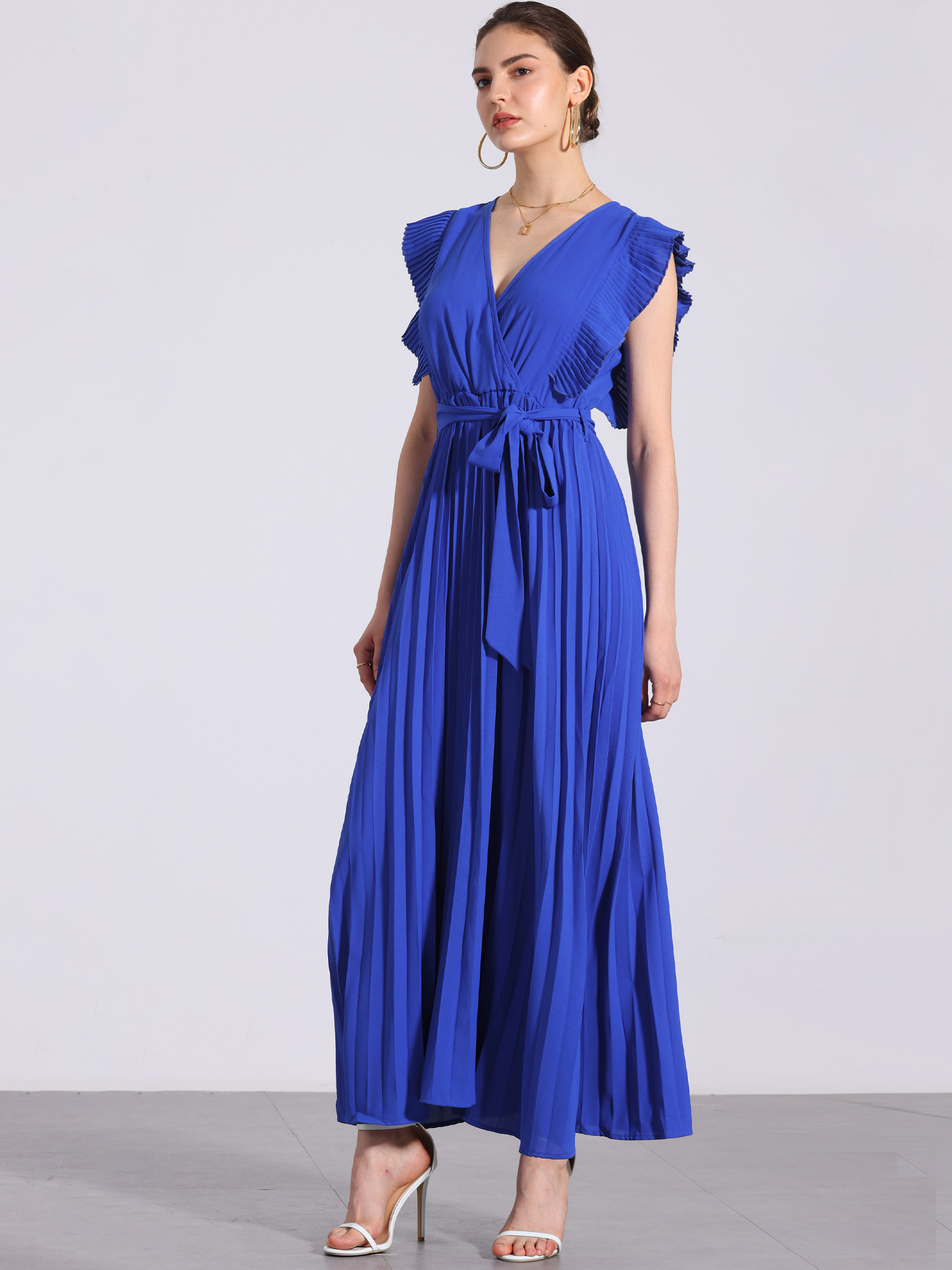 V Neck Short Sleeves Lace-Up Belted Pleated Maxi Dress Royal Blue/XL